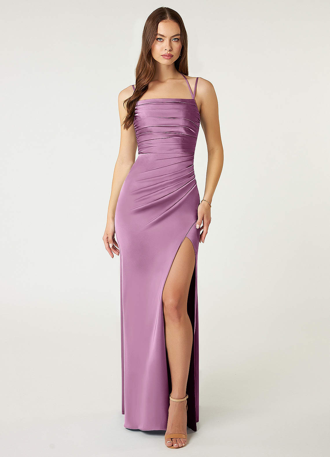 Desi Sheath Halter Stretch Satin Bridesmaid Dress in Wisteria
