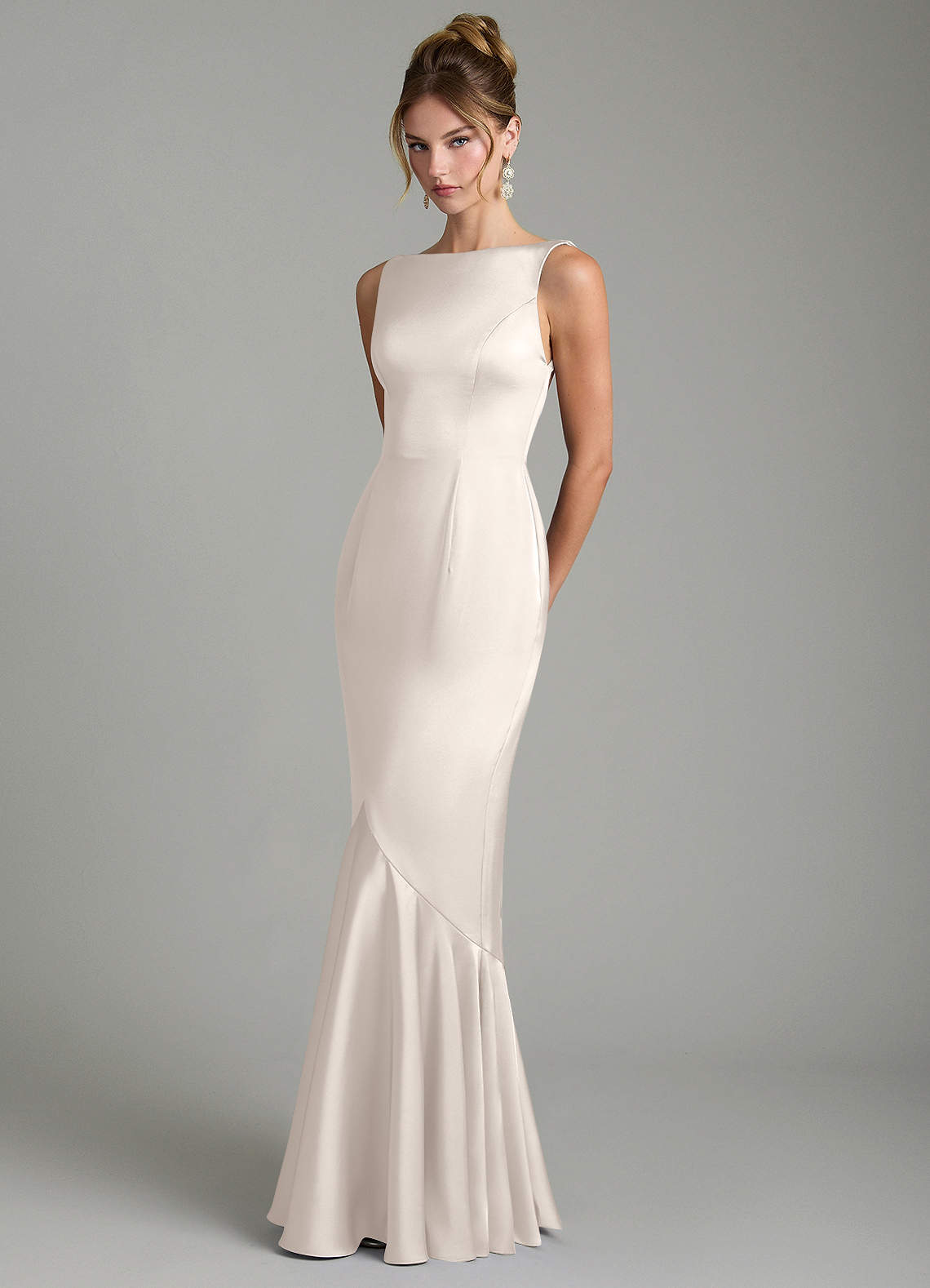 Tamera Mermaid Boat-Neck Stretch Satin and Chiffon Bridesmaid Dress in White Alabaster
