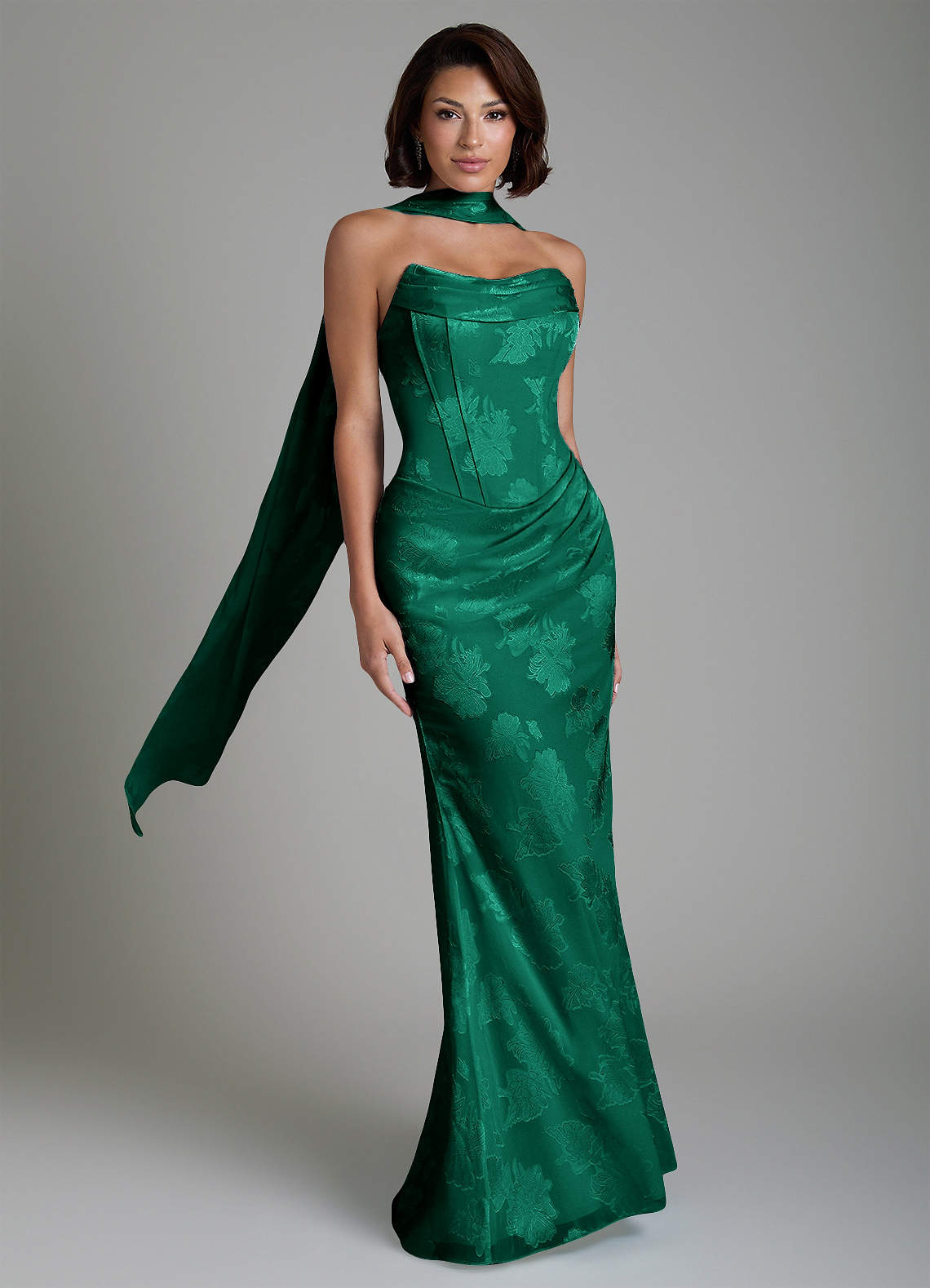 Ariah Mermaid Cowl-Neck Jacquard Bridesmaid Dress in Emerald