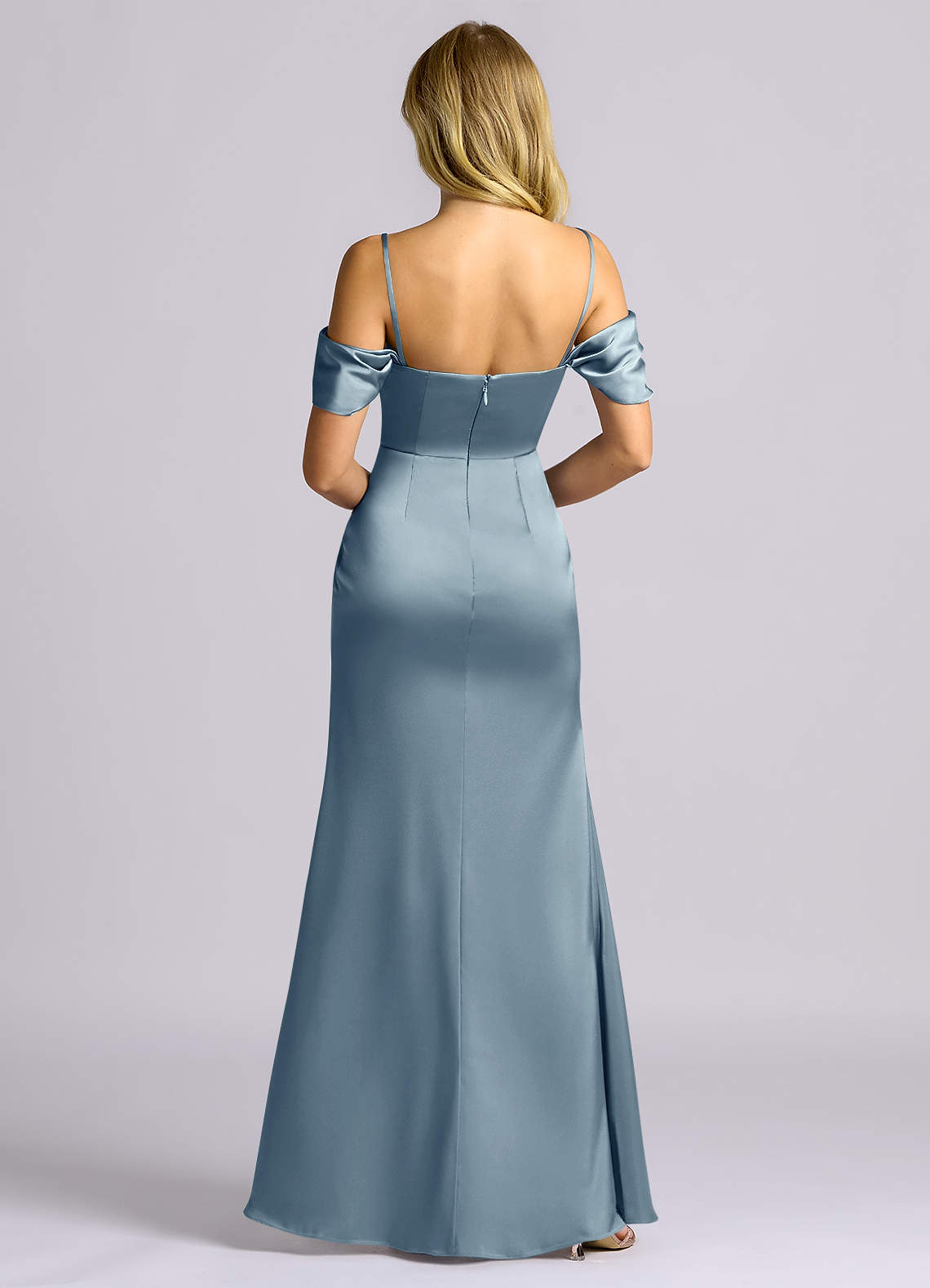 Auden Sheath Off-the-Shoulder Stretch Satin Bridesmaid Dress in dusty blue