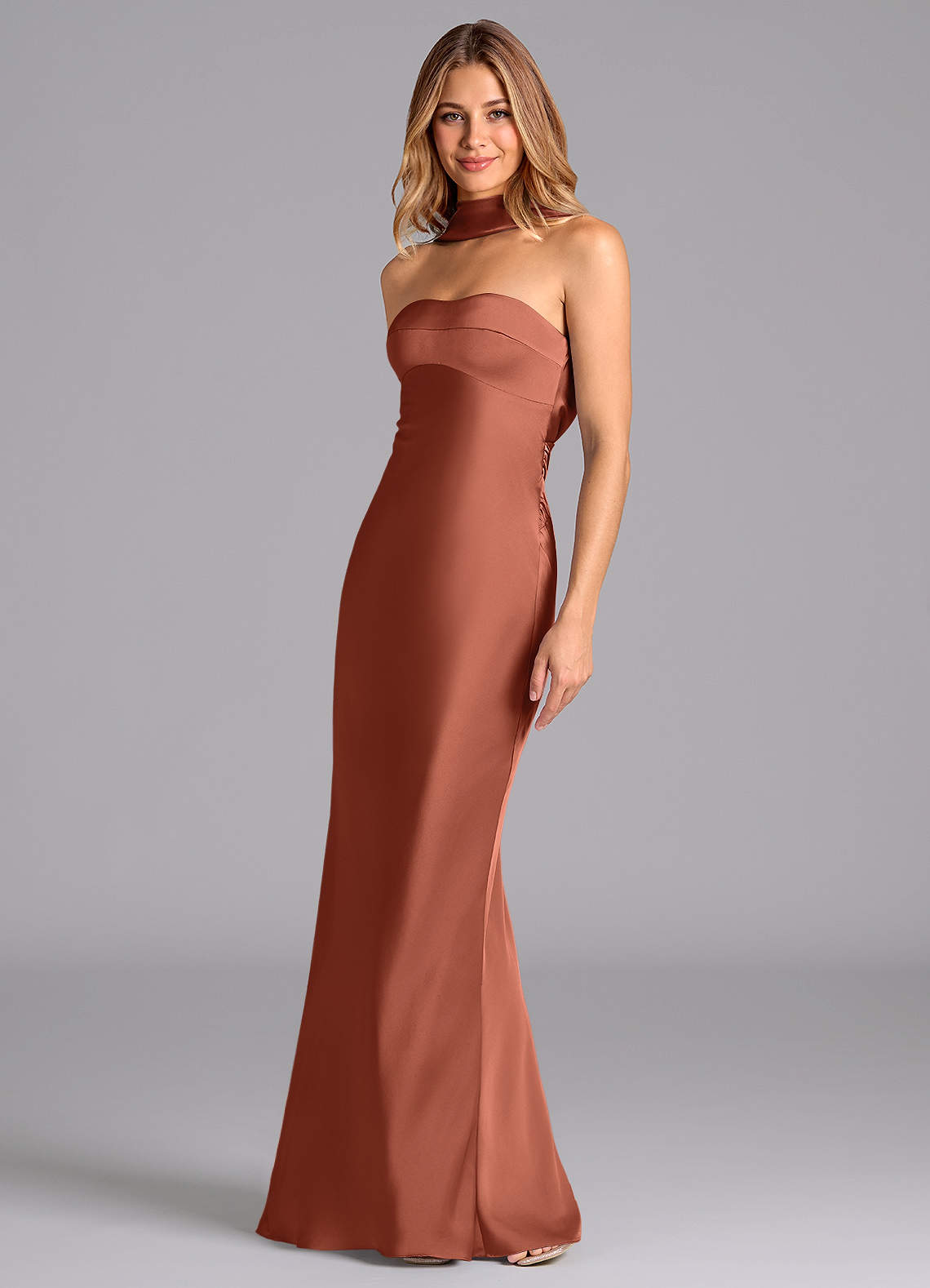 Lusinda Mermaid Strapless Stretch Satin Bridesmaid Dress in Clay