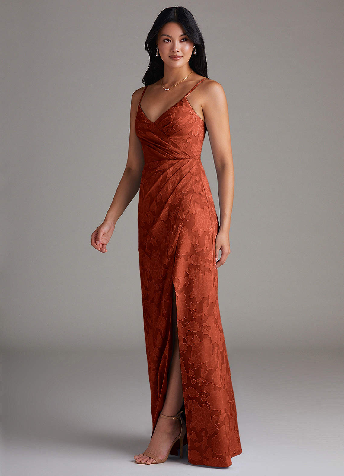 Maci Sheath V-Neck Floral Burnout Bridesmaid Dress in Auburn