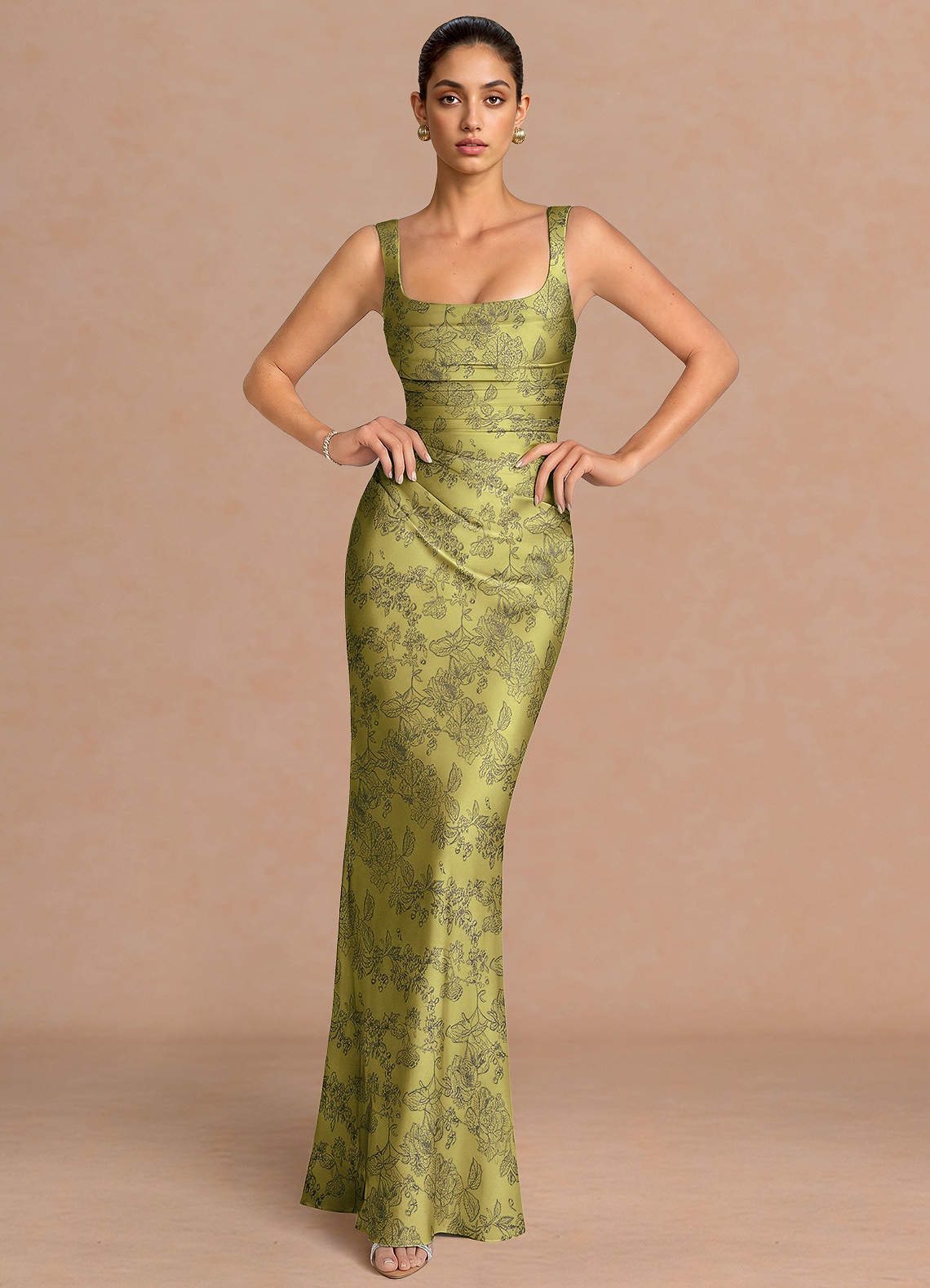 Agustina Square-Neck Pleated Jacquard Evening Dress in Moss Navy