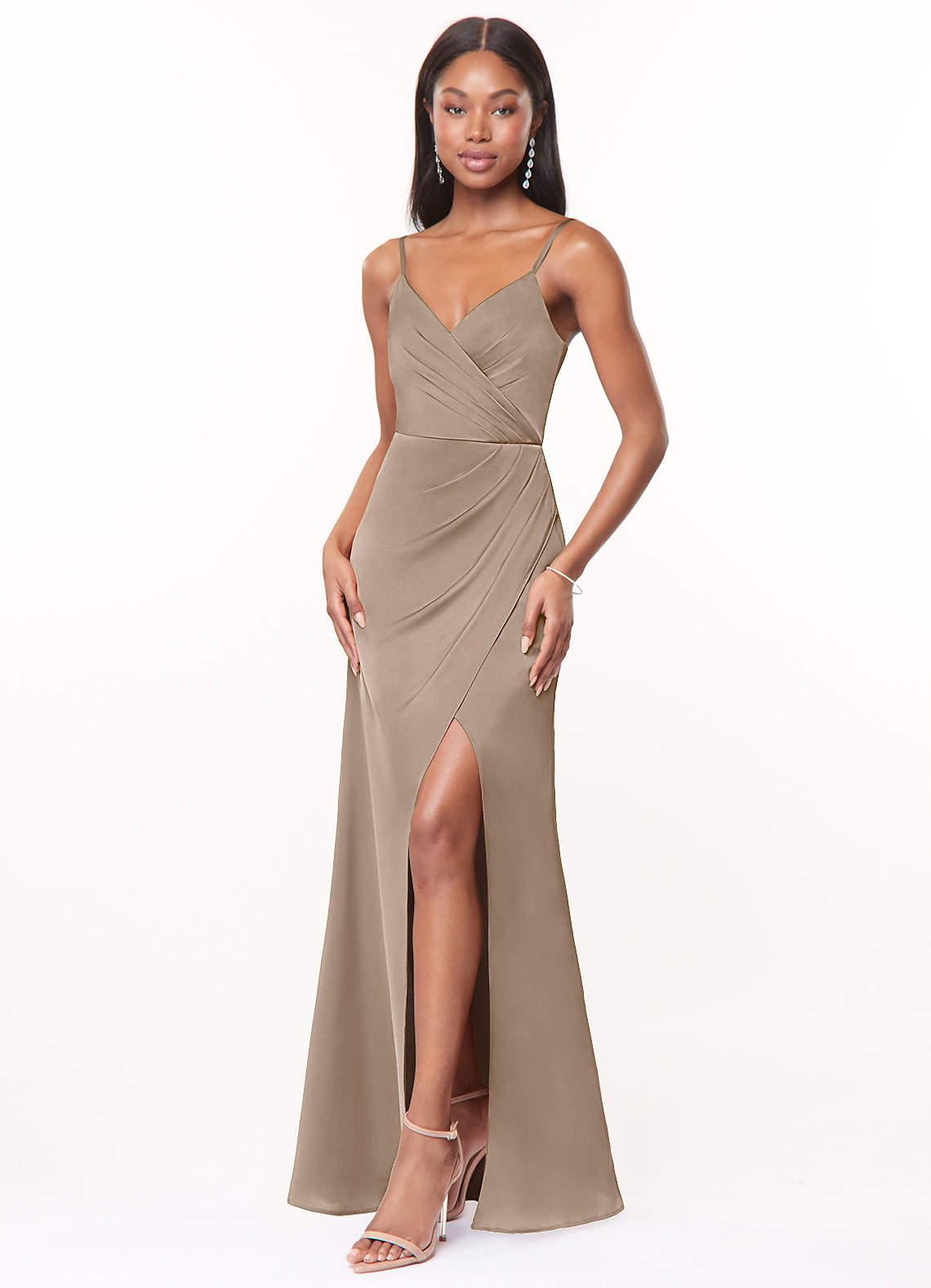 Maci A-Line V-Neck Stretch Satin Bridesmaid Dress in Taupe