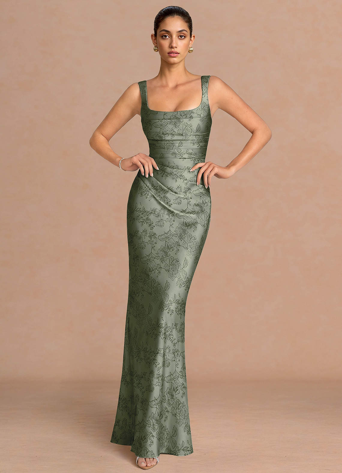 Agustina Square-Neck Pleated Jacquard Evening Dress in Sage Blue