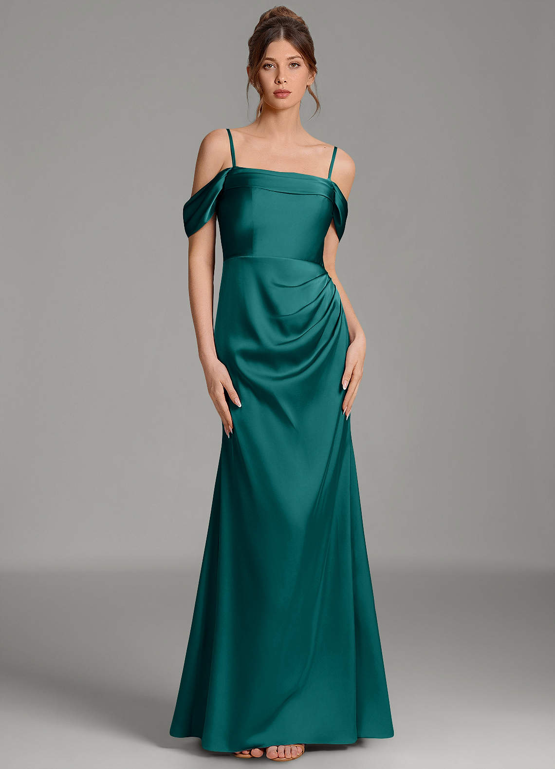 Wyatt Mermaid Off-the-Shoulder Stretch Satin Bridesmaid Dress in Peacock