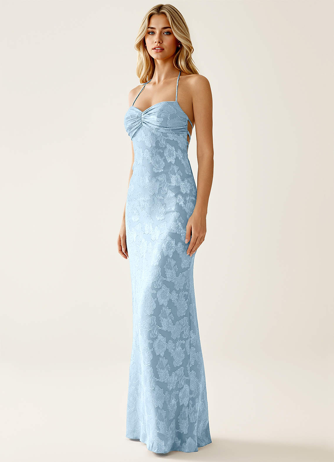Angena Sheath Halter Floral Burnout Evening Dress in Powder Blue