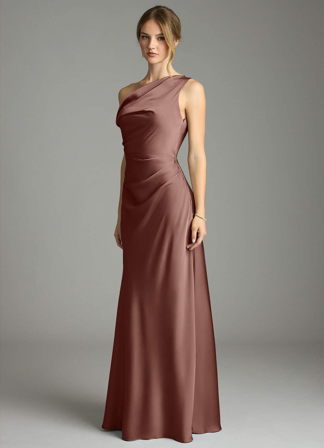 Emerson Mermaid One-Shoulder Stretch Satin Bridesmaid Dress in Espresso