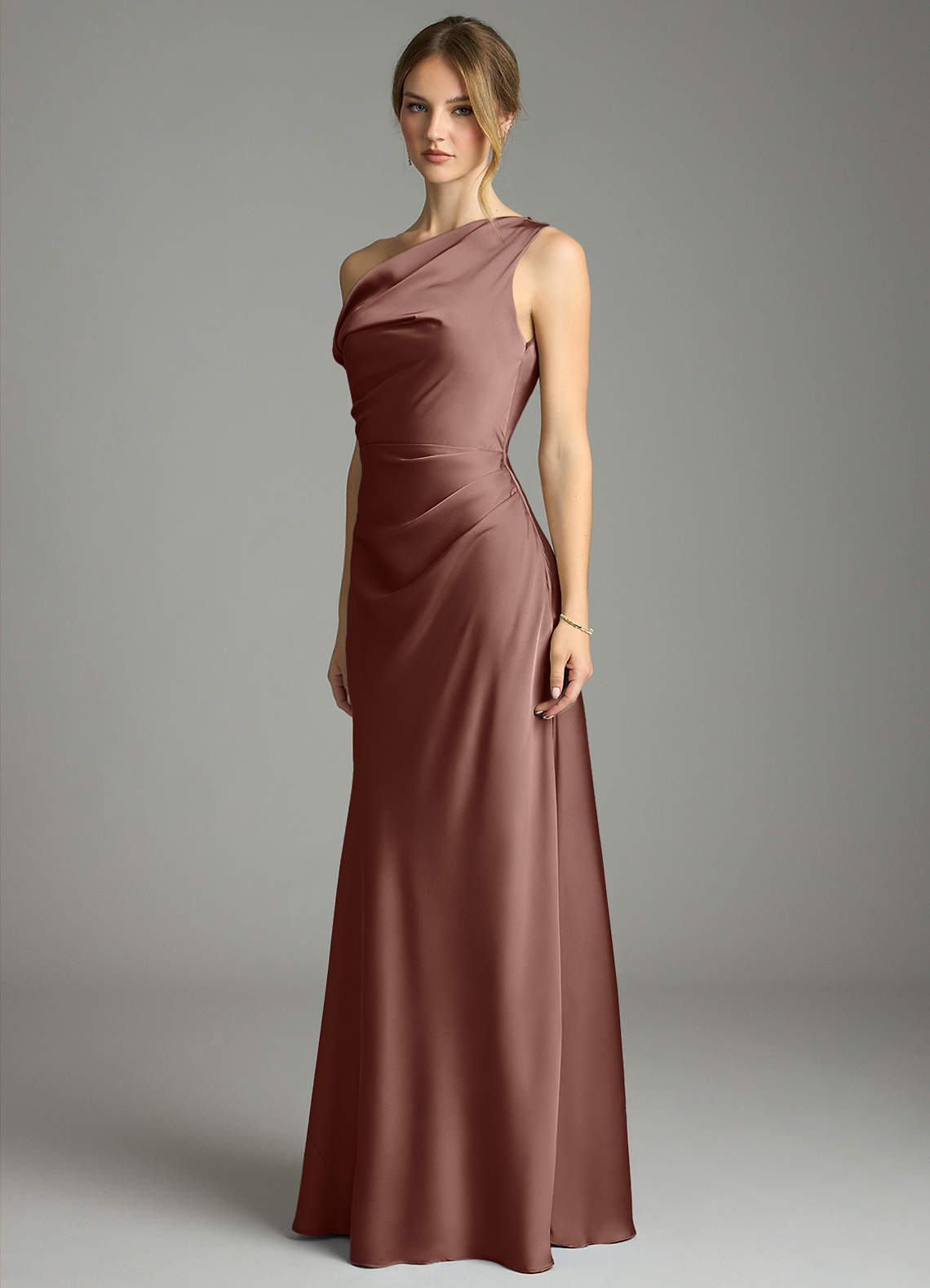 Emerson Mermaid One-Shoulder Stretch Satin Bridesmaid Dress in Espresso