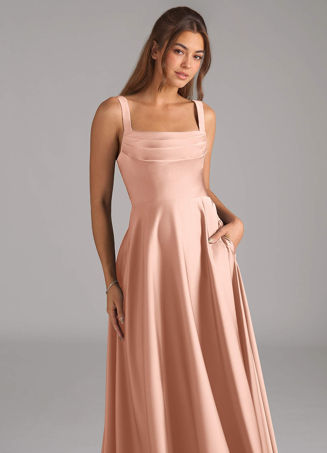 Shaude A-Line Square-Neck Stretch Satin Bridesmaid Dress in rose gold