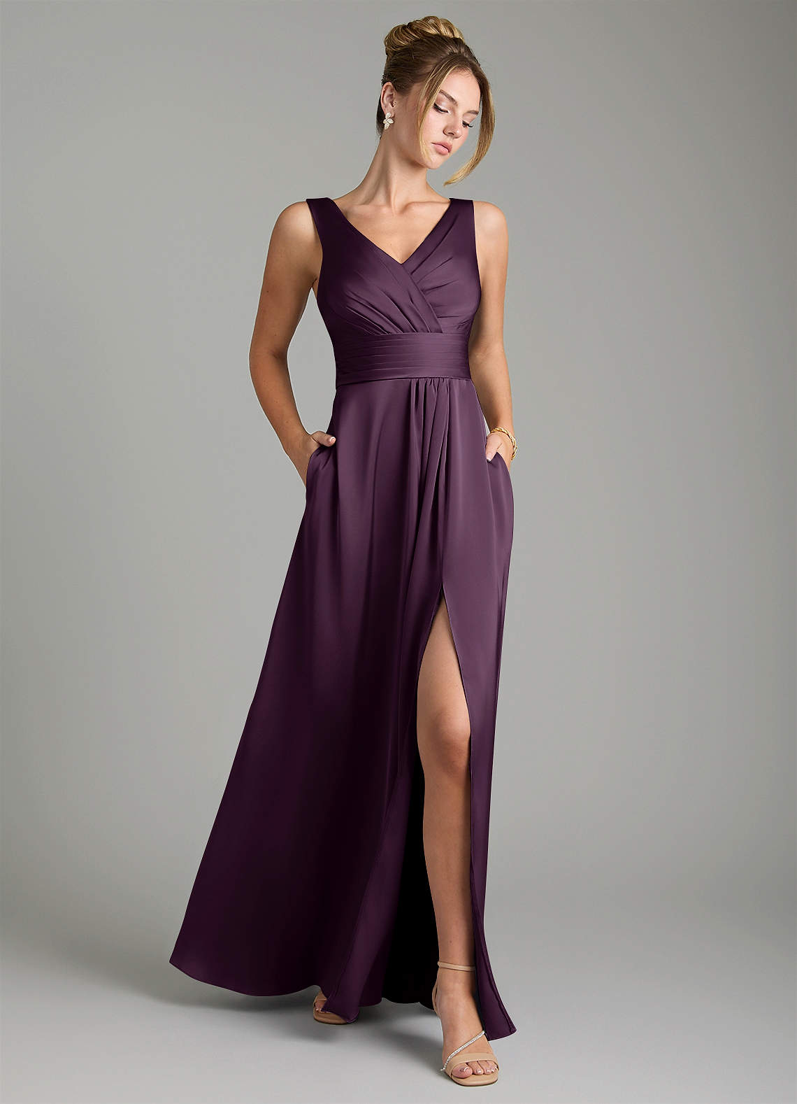 Karina A-Line V-Neck Stretch Satin Bridesmaid Dress in Plum