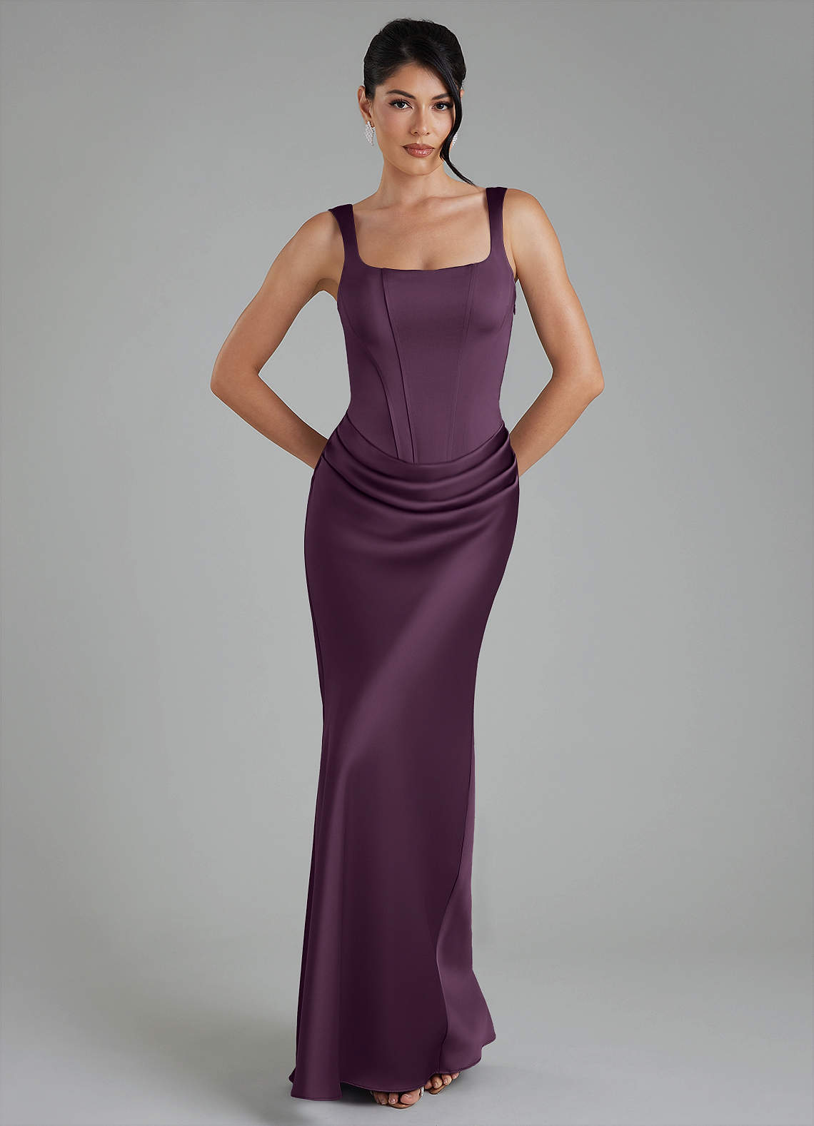 Etta Mermaid Square-Neck Stretch Satin Bridesmaid Dress in Plum