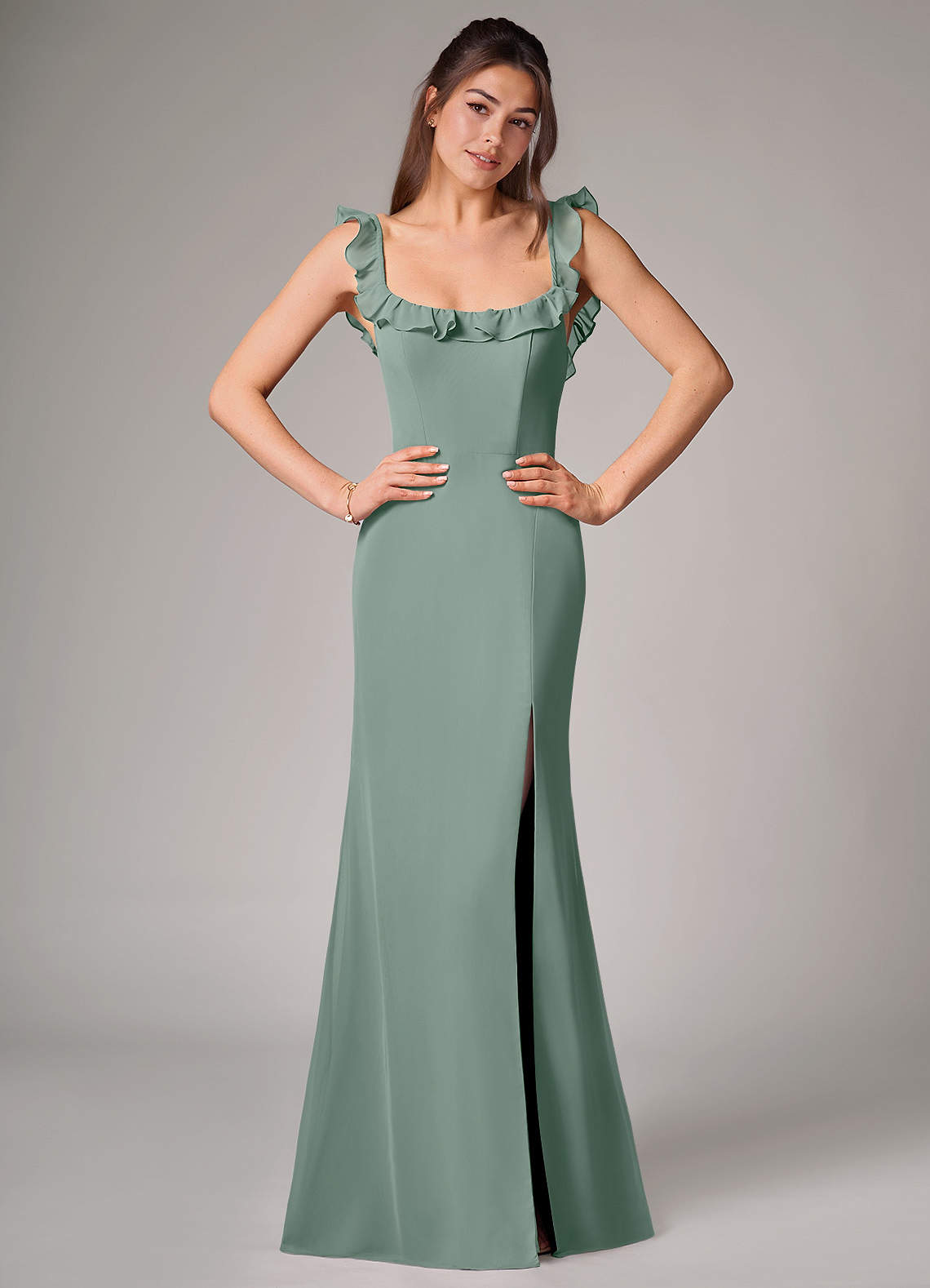 Callie Mermaid Scoop-Neck Chiffon Bridesmaid Dress in Silver Sage