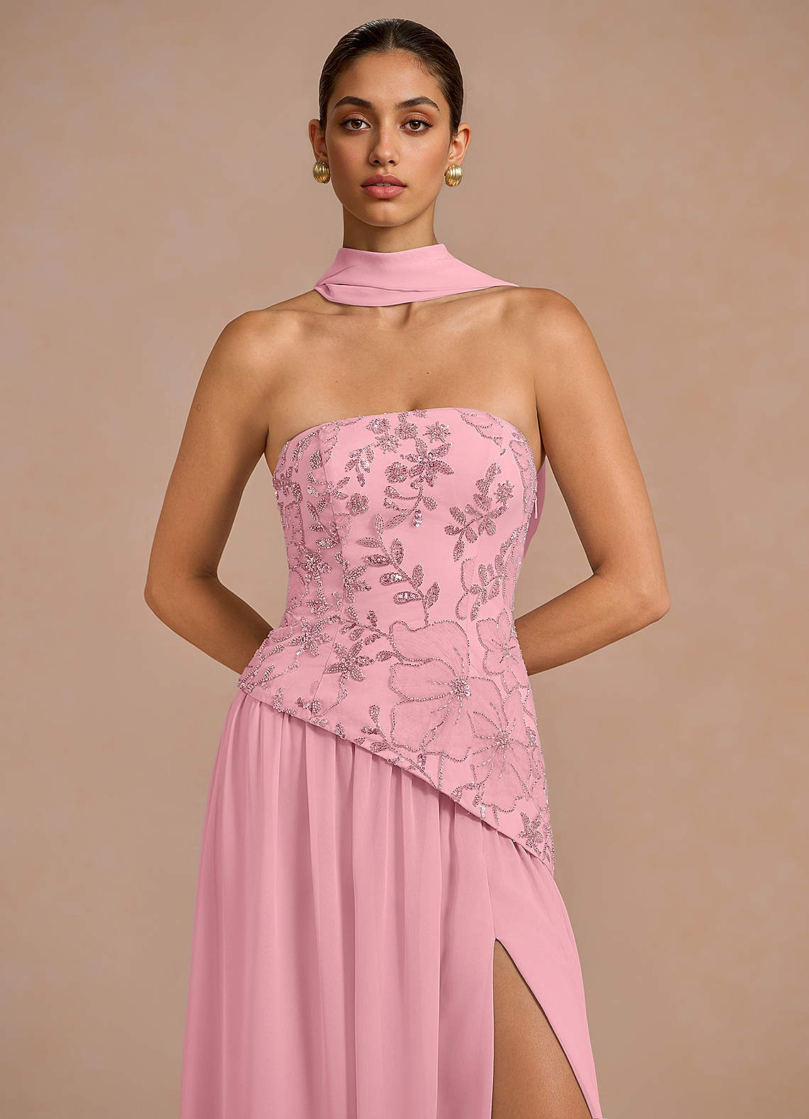 Galatea Sky Blue A-Line Floral Chiffon Evening Dress in Pink