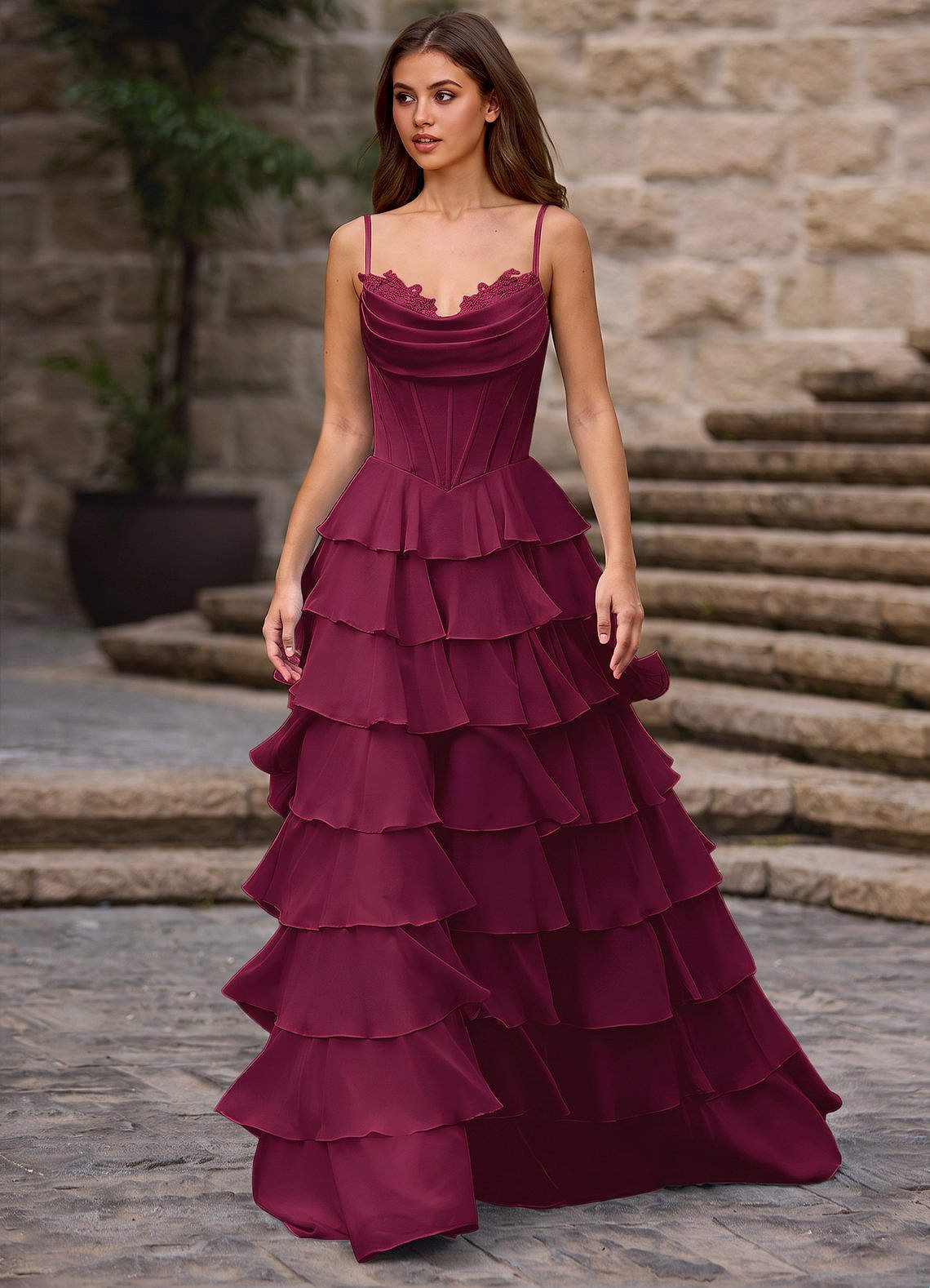 Floralace A-Line Ruffle Chiffon Evening Dress in Vanilla