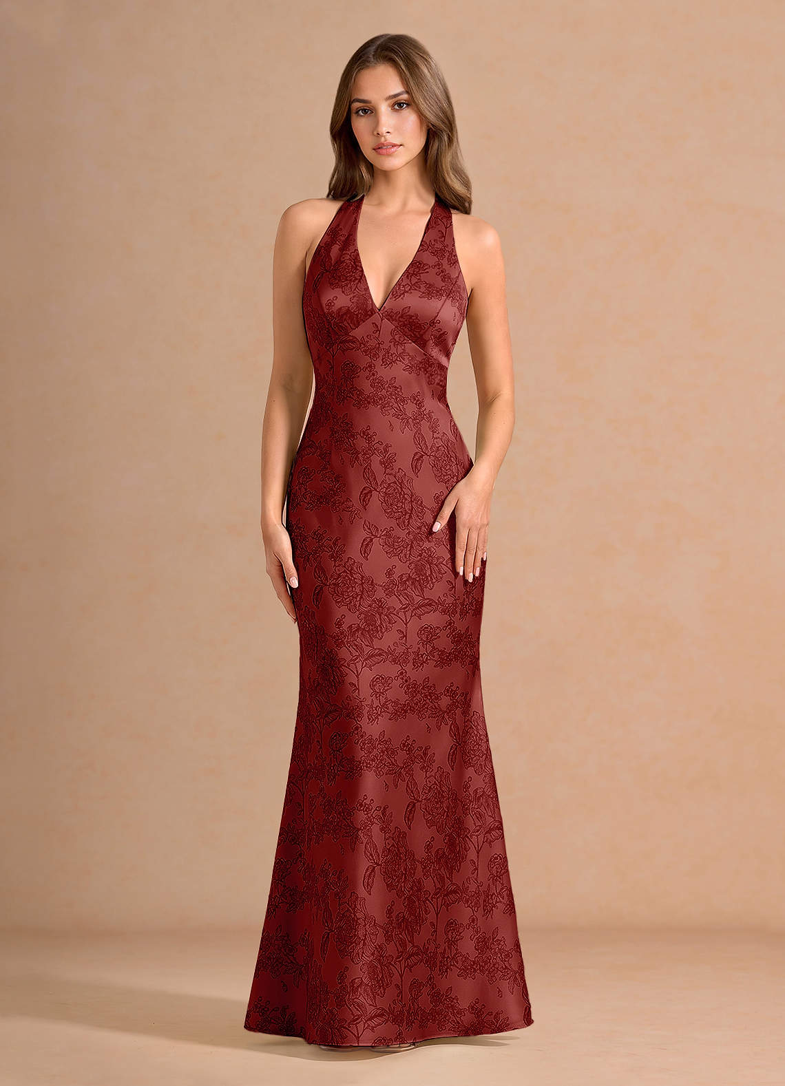 Ottoline Plunging V-Neck Open-Back Jacquard Evening Dress in Orange Red