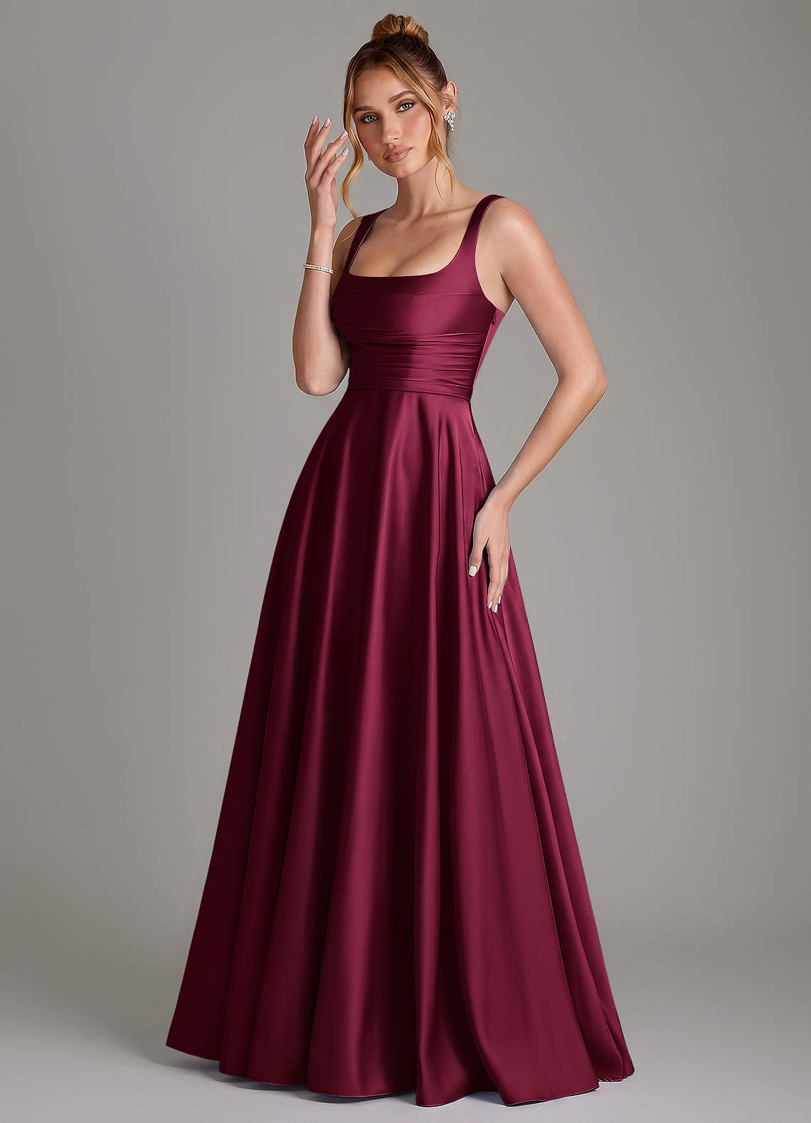 Azaria A-Line Square-Neck Stretch Satin Bridesmaid Dress in Burgundy