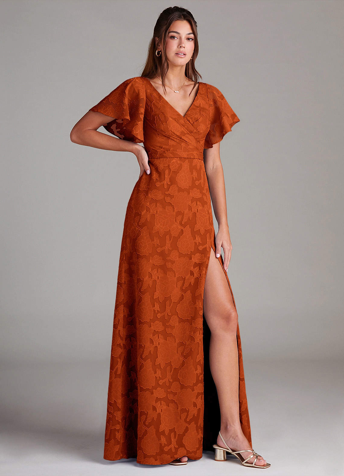 Ambrosia A-Line V-Neck Floral Burnout Bridesmaid Dress in Paprika