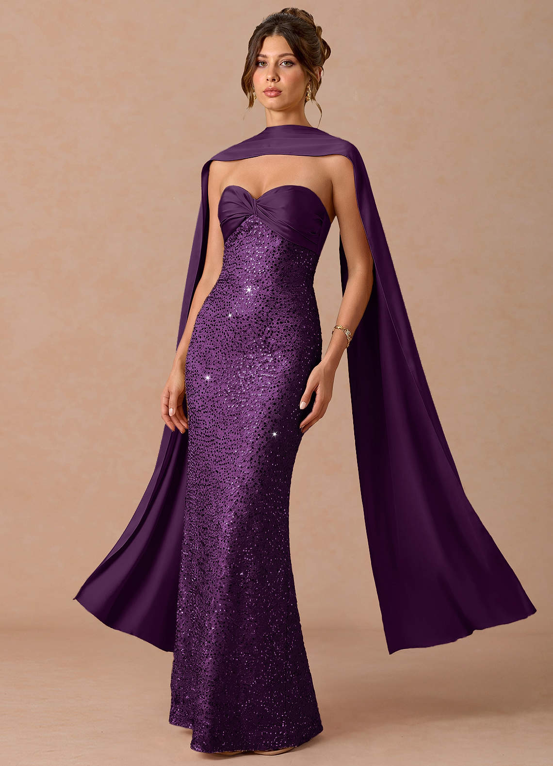 Serelle A-Line Sweetheart Sequin Satin Evening Dress in Gold Champagne