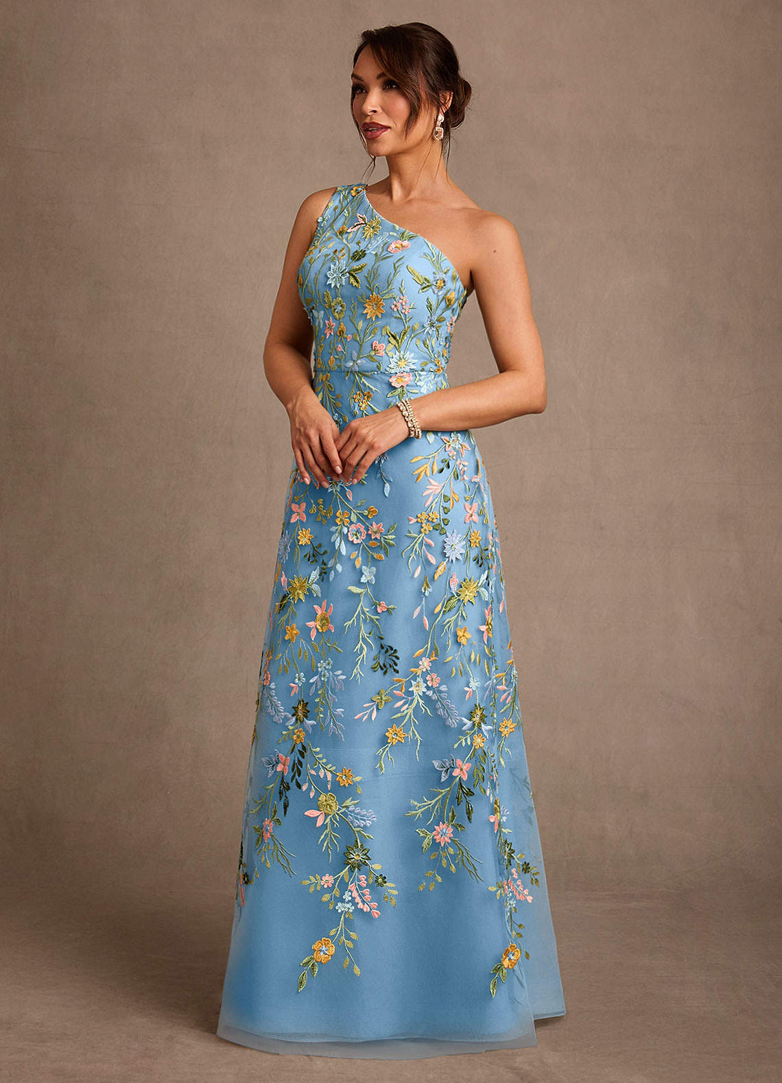 Bertie A-Line One-Shoulder Lace Mother of the Bride Dress in Steel Blue