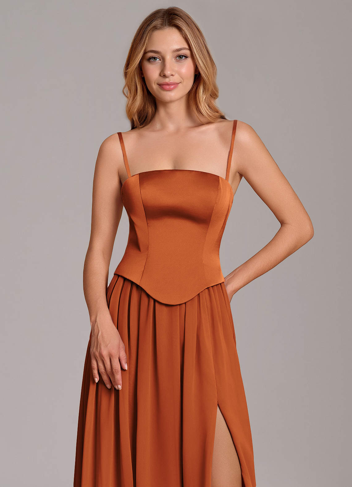 Cadence A-Line Strapless Chiffon and Stretch Satin Bridesmaid Dress in Cinnamon