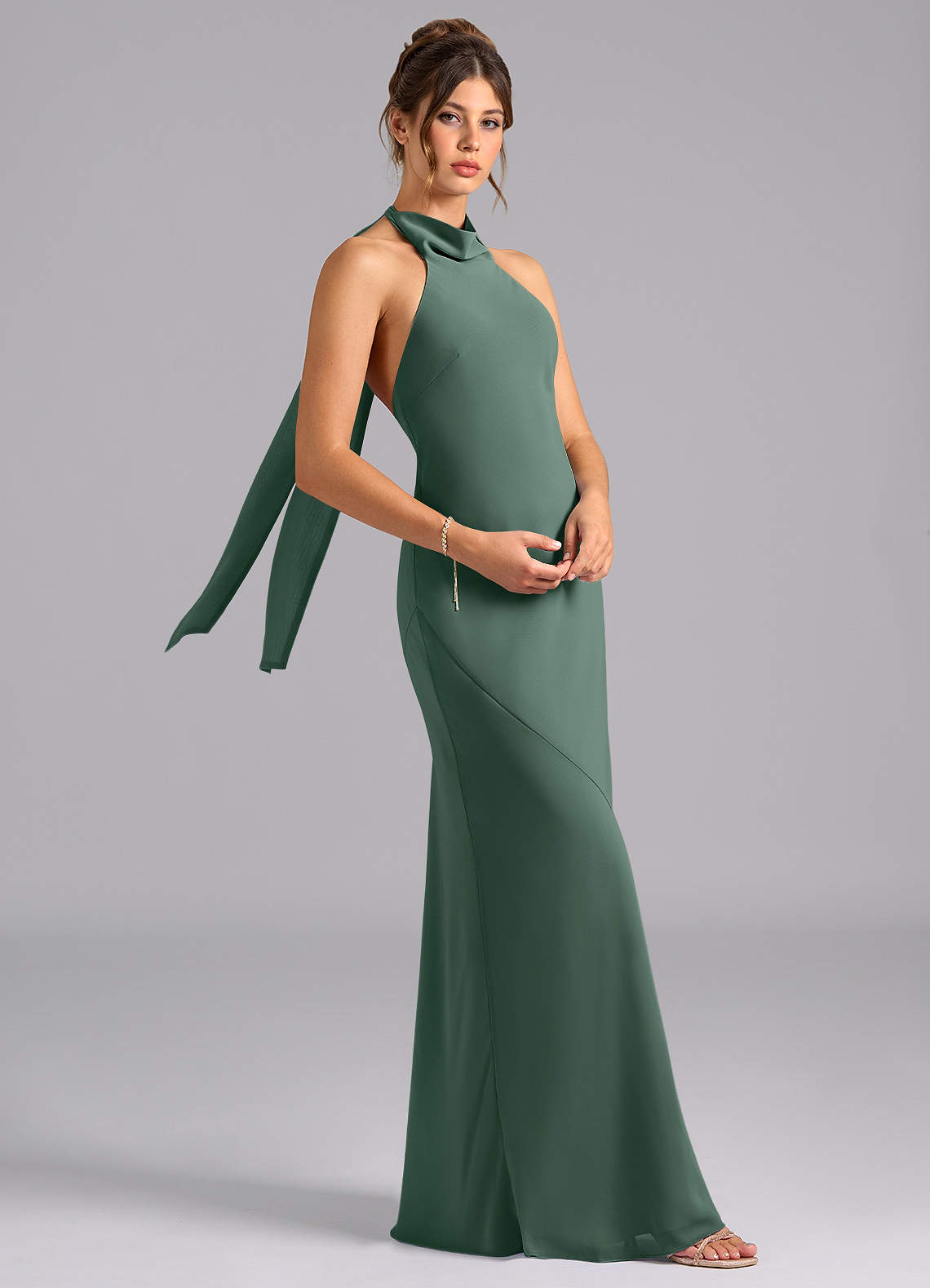 Velli Mermaid Halter Chiffon Bridesmaid Dress in Sea Moss