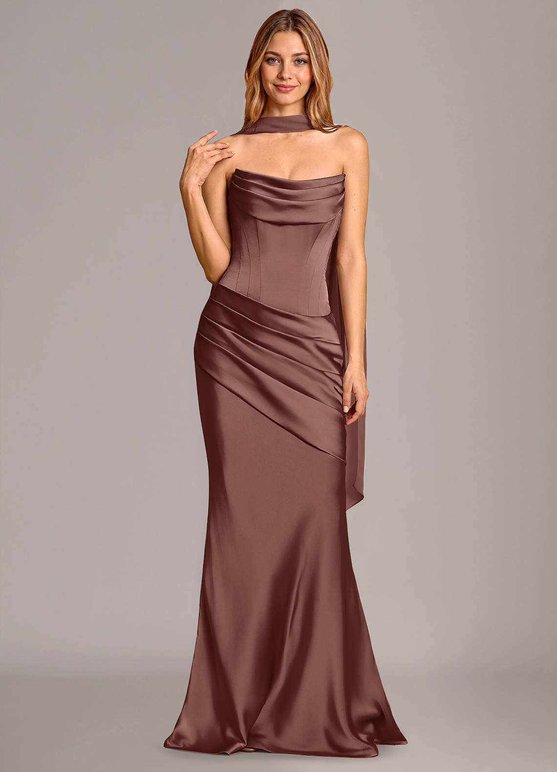 Pelagia Mermaid Cowl-Neck Stretch Satin Bridesmaid Dress in Espresso