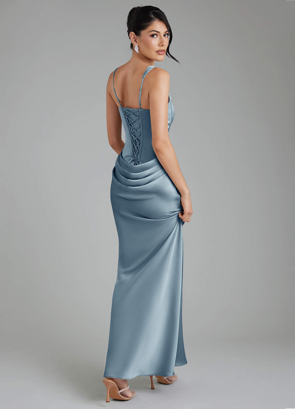 Etta Mermaid Square-Neck Stretch Satin Bridesmaid Dress in dusty blue
