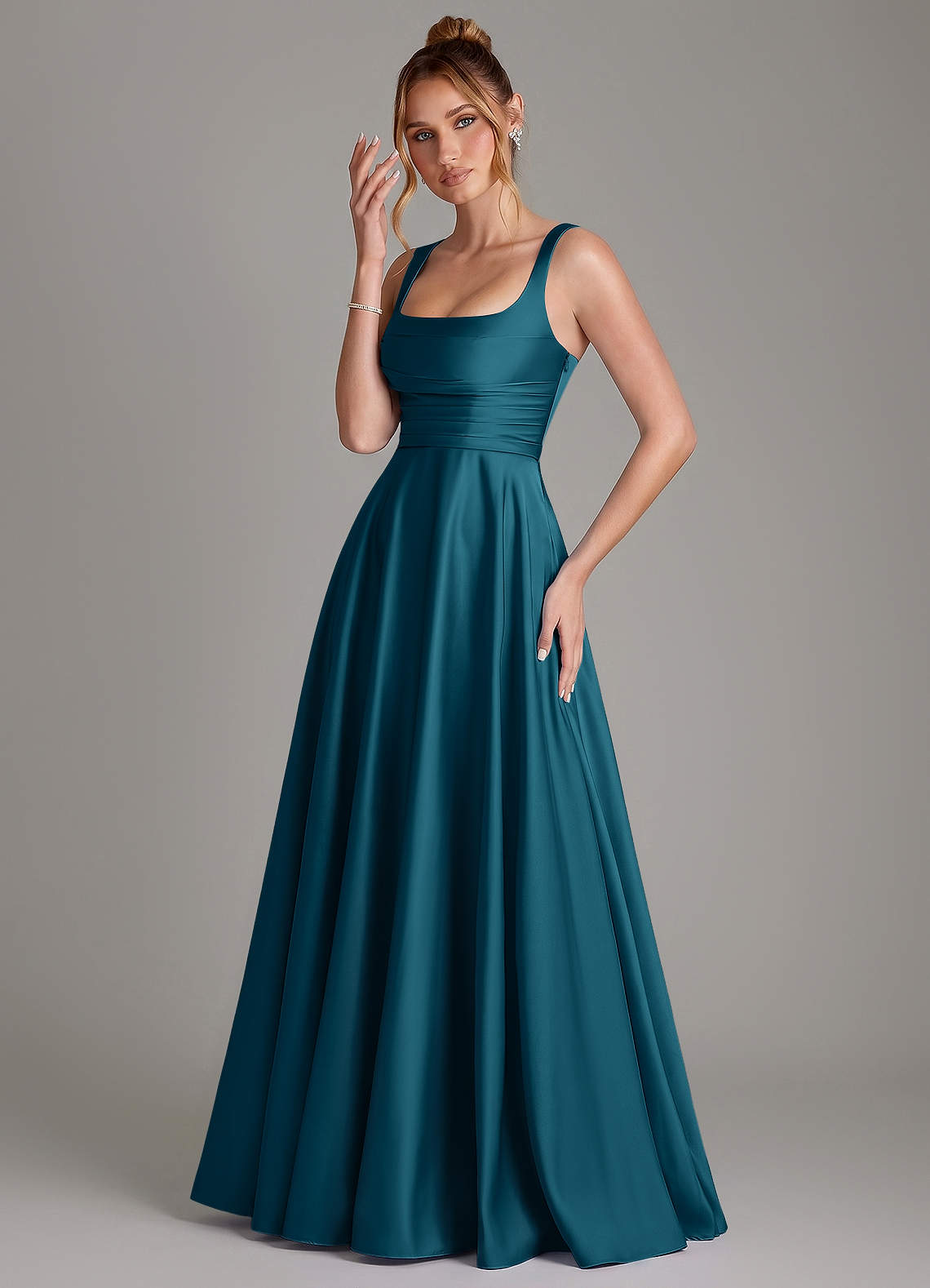 Azaria A-Line Square-Neck Stretch Satin Bridesmaid Dress in Ink Blue