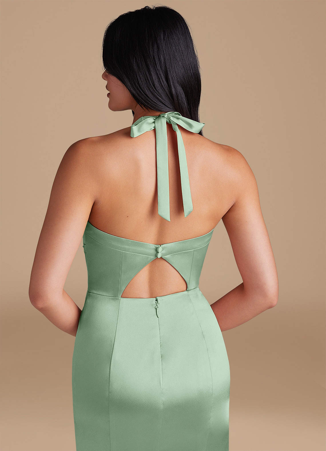 Emeria Sheath Halter Metallic Satin Bridesmaid Dress in Matcha