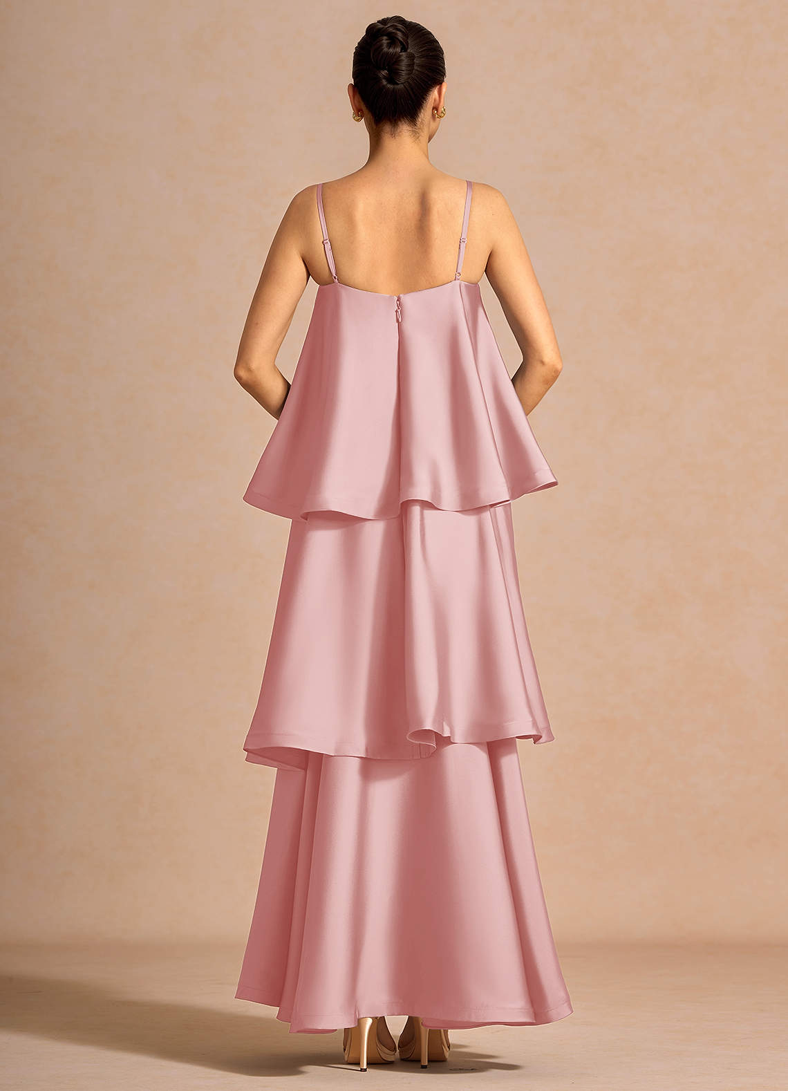 Itasca A-Line Tiered Stretch Satin Wedding Guest Dress in Haze Pink