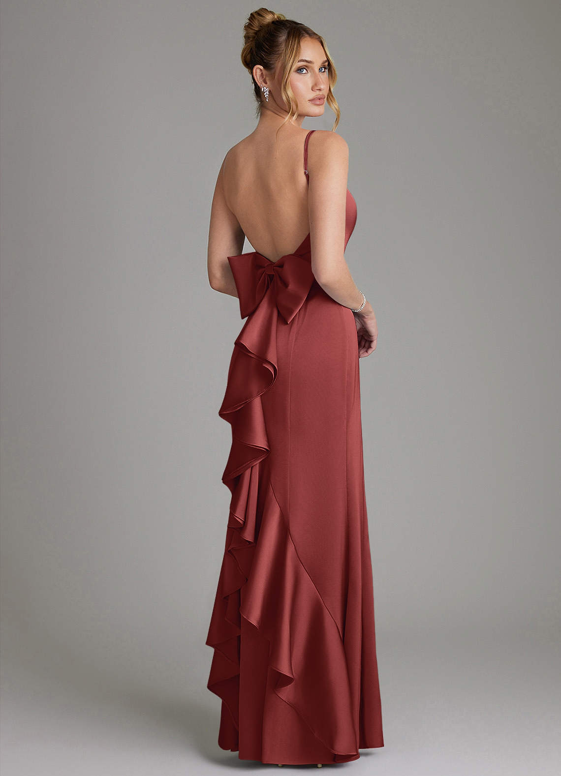 Zherra Mermaid Scoop-Neck Stretch Satin Bridesmaid Dress in Terracotta