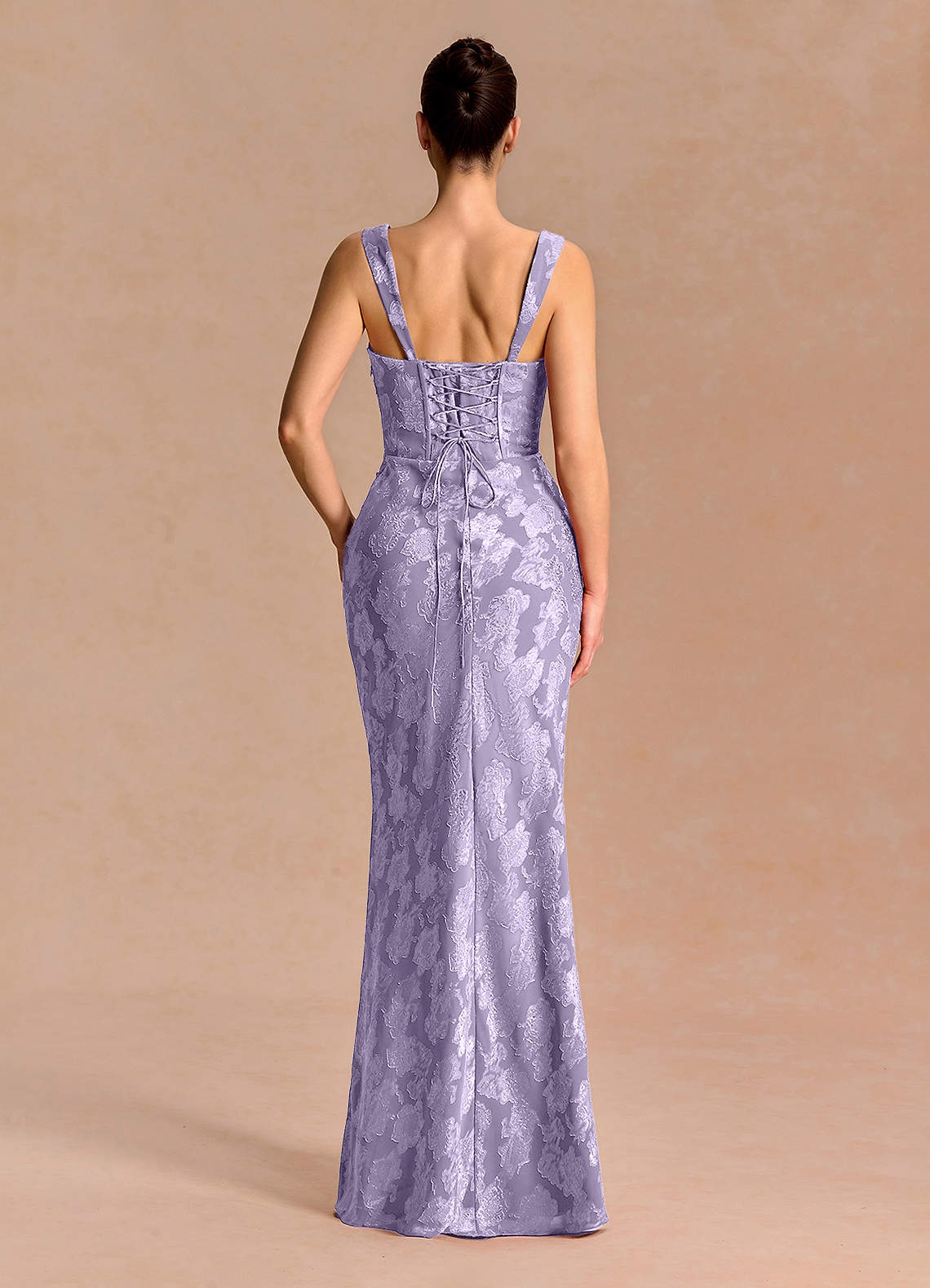 Agustina Square-Neck Pleated Fil Coupé Evening Dress in Lilac