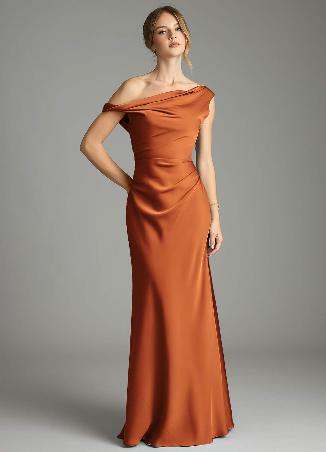 Emerson Mermaid One-Shoulder Stretch Satin Bridesmaid Dress in Cinnamon
