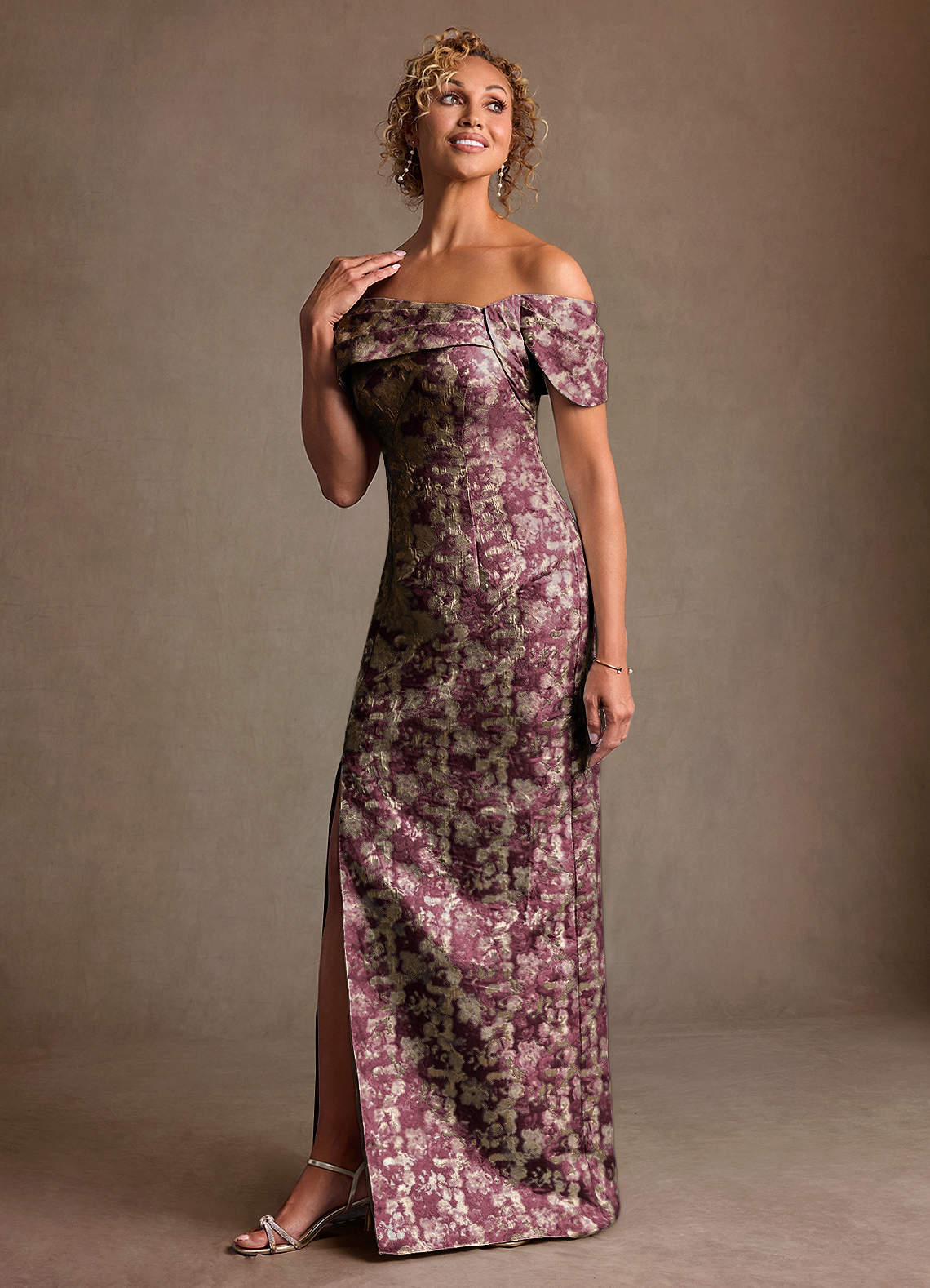 Zion Sheath Off-the-Shoulder Jacquard Mother of the Bride Dress in Cabernet