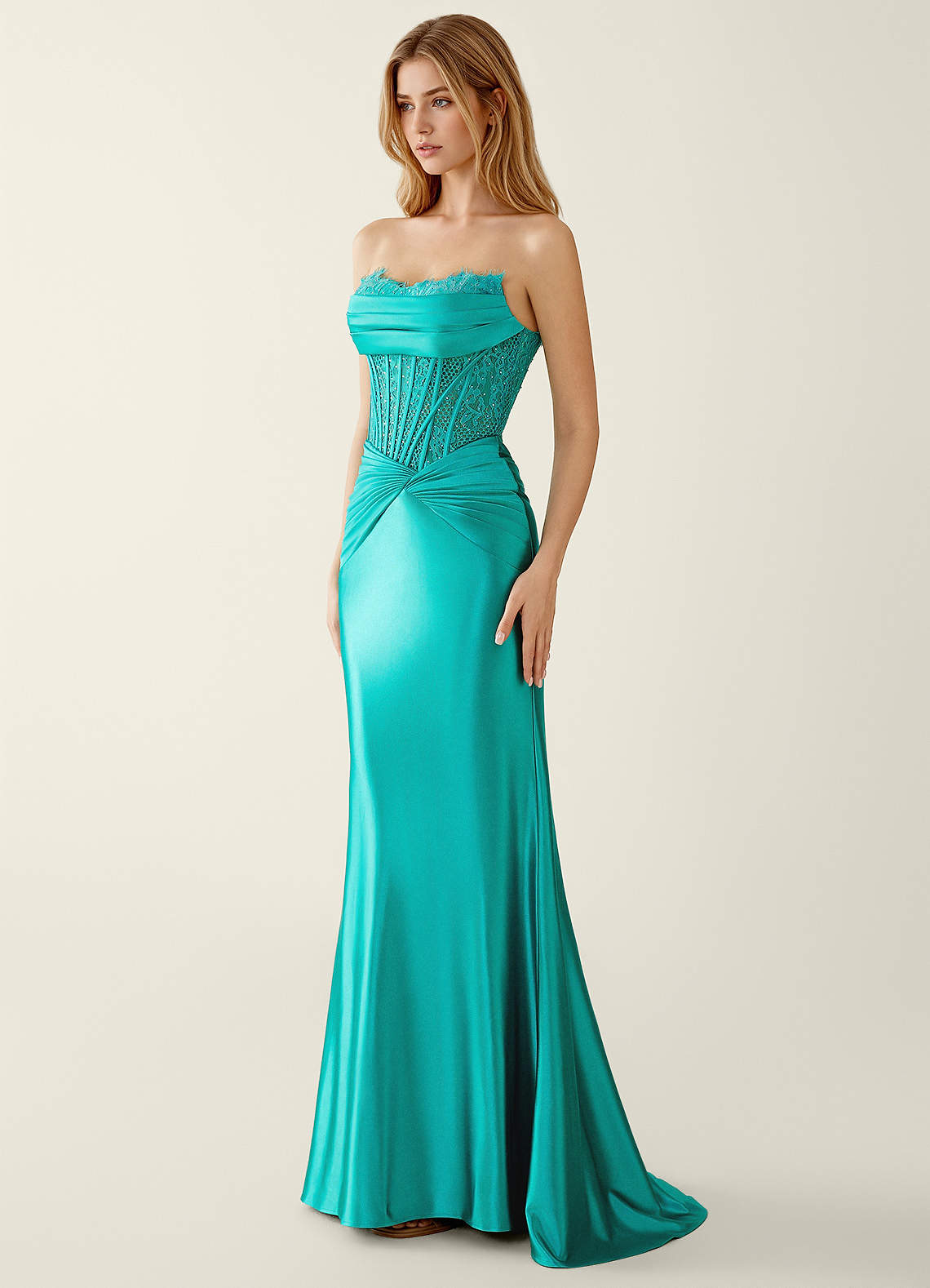 Sasha Mermaid Strapless Stretch Satin Evening Dress in Peacock Blue