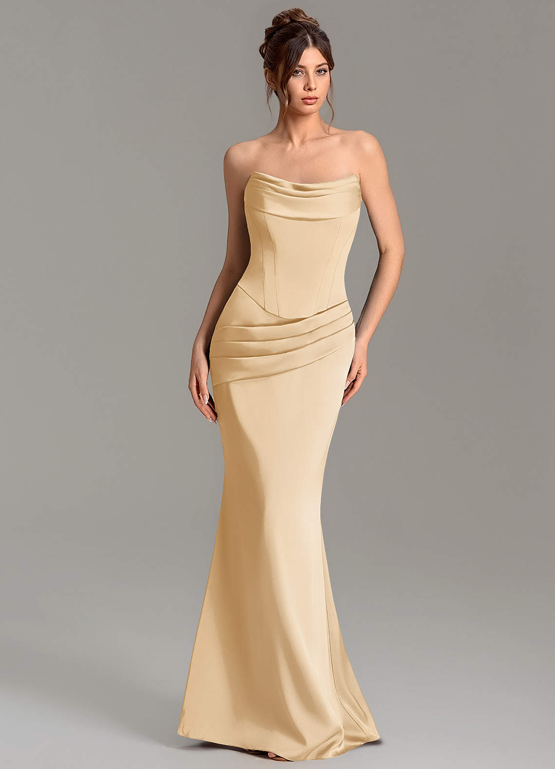 Adrienne Mermaid Cowl-Neck Stretch Satin Bridesmaid Dress in Gold