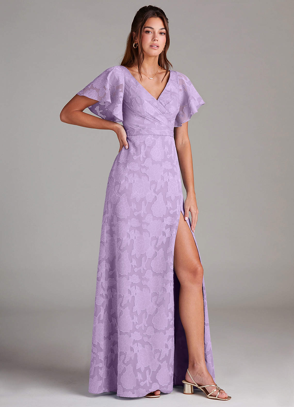 Ambrosia A-Line V-Neck Floral Burnout Bridesmaid Dress in Lilac