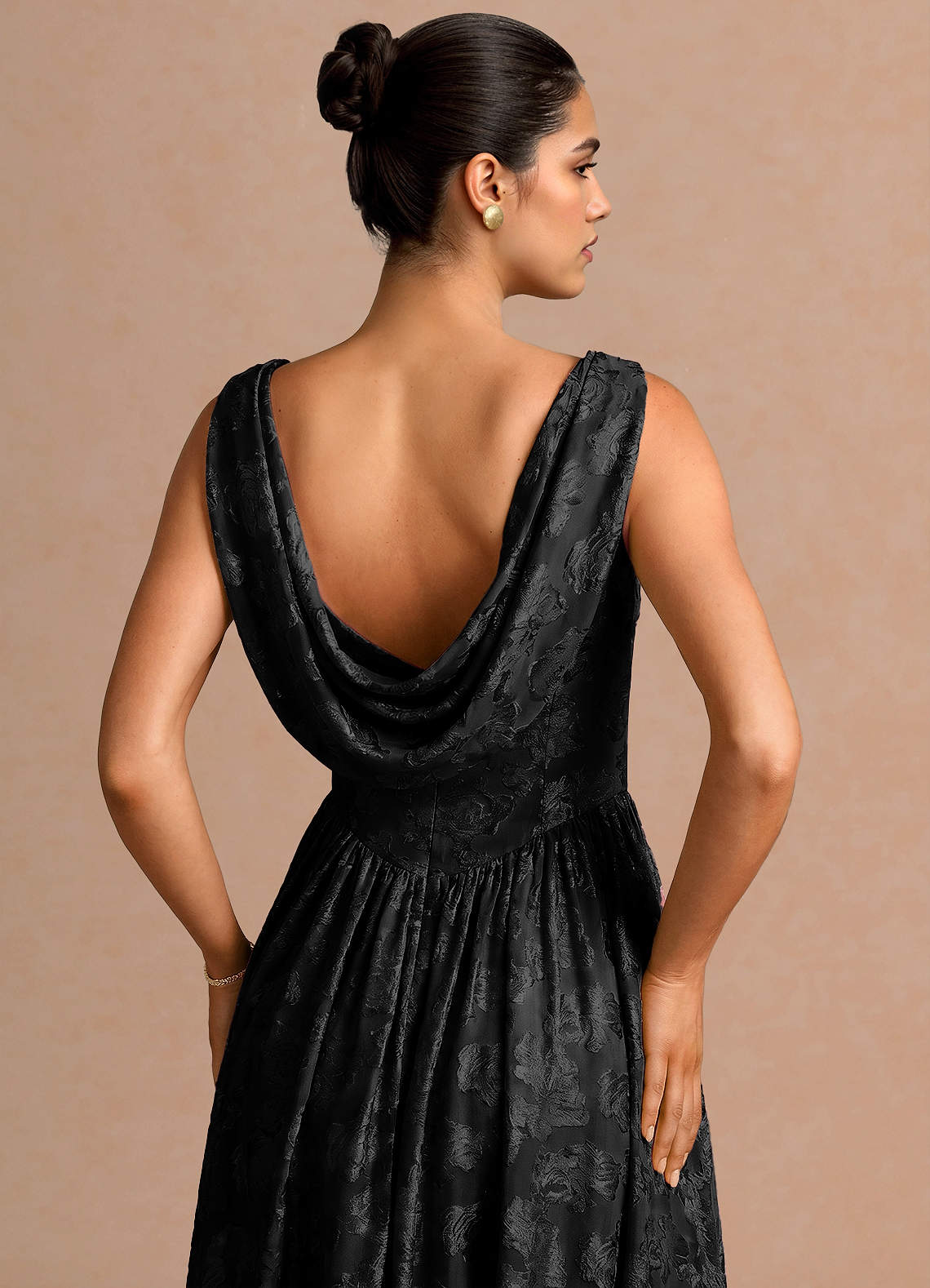 Novi A-Line Draped-Neck Floral Fil Coupé Evening Dress in Black