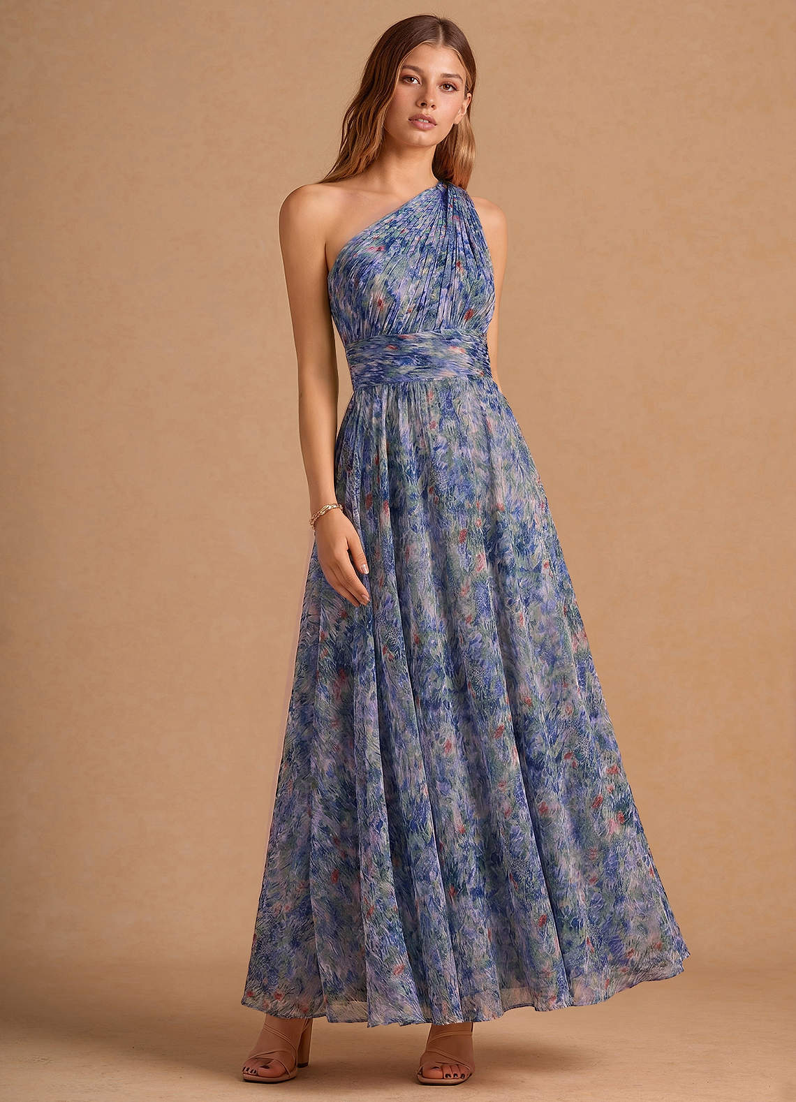 Noelle A-Line Twisted-Shoulder Chiffon Wedding Guest Dress in Lilac Floral