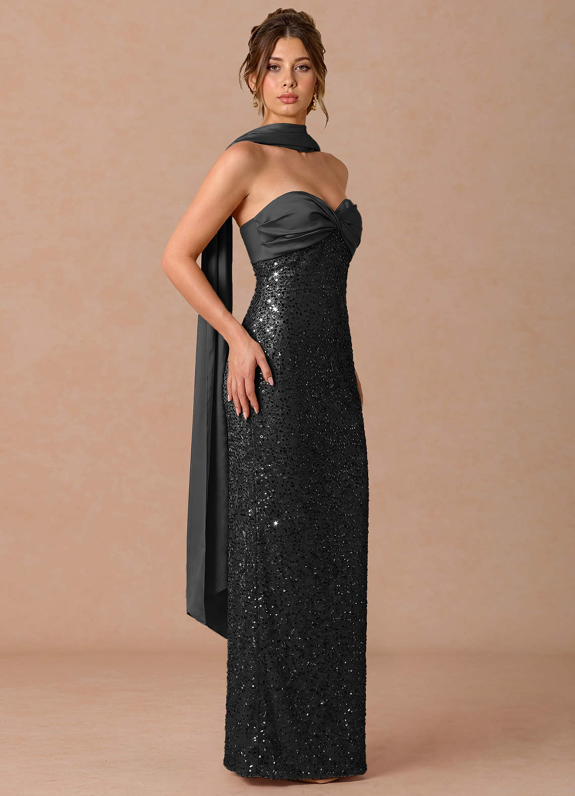 Serelle A-Line Sweetheart Sequin Satin Evening Dress in black