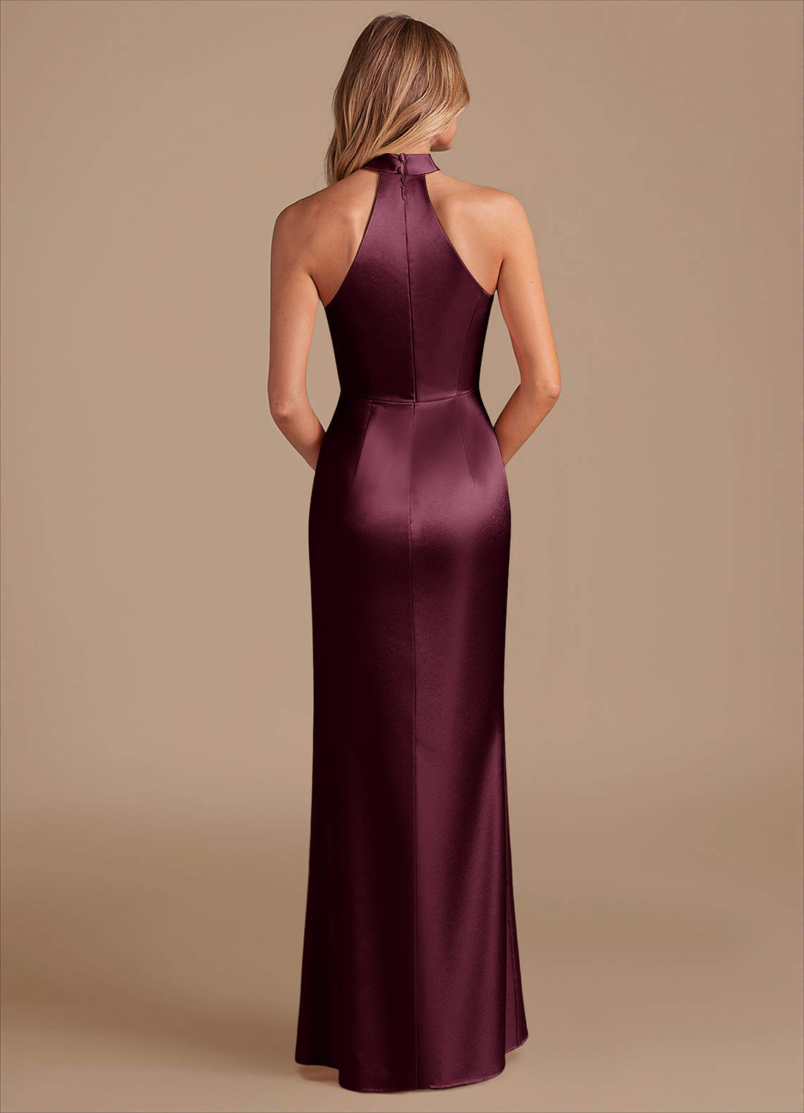 Karlotta Sheath Halter-Neck Metallic Satin Bridesmaid Dress in Cabernet