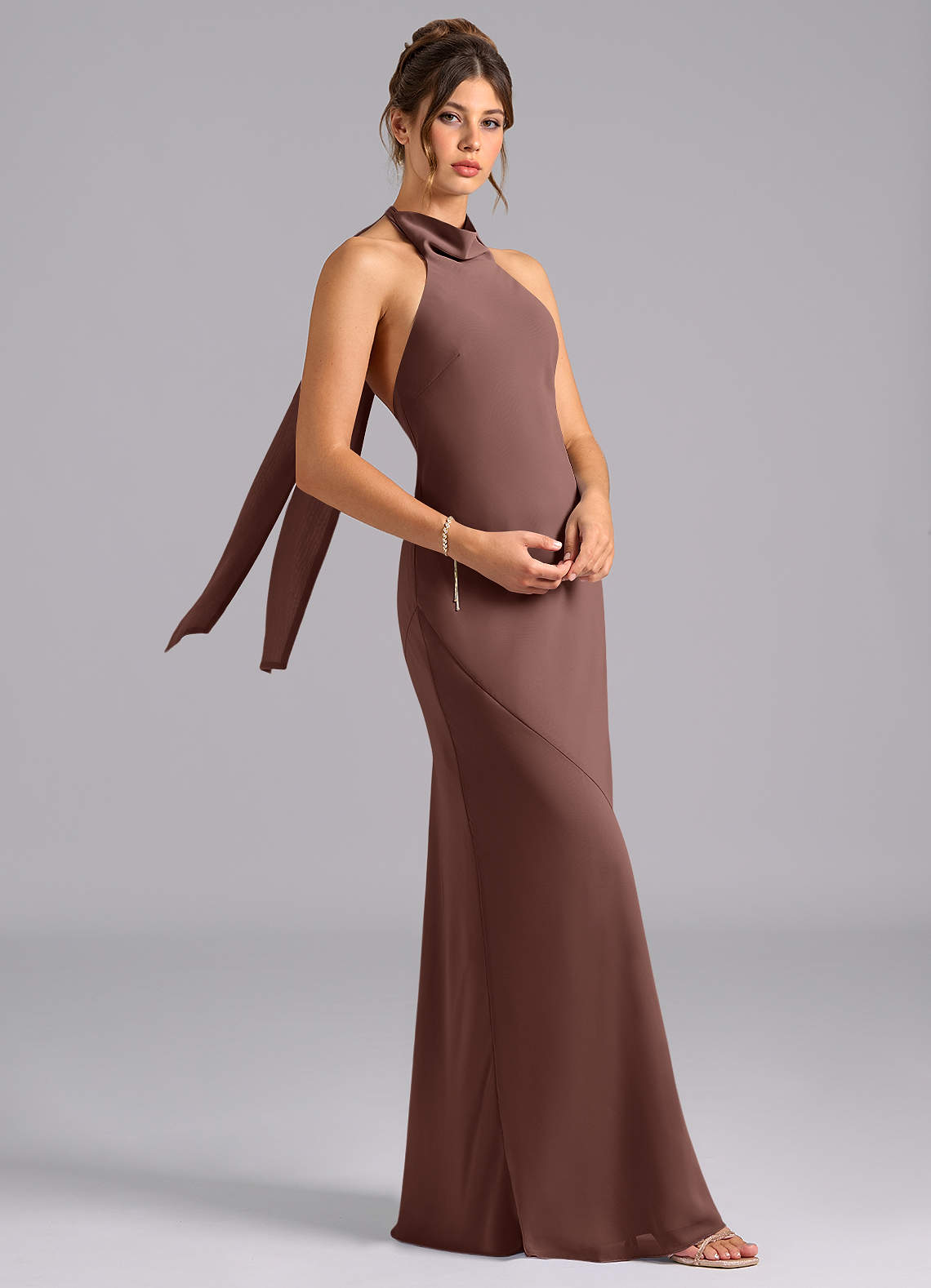 Velli Mermaid Halter Chiffon Bridesmaid Dress in Espresso