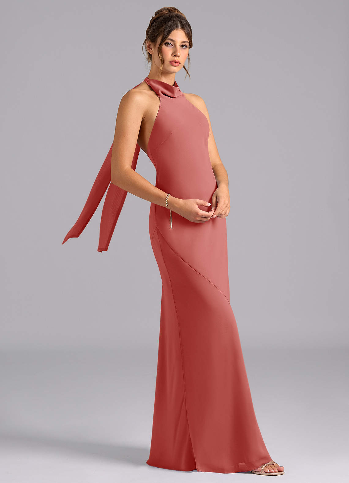Velli Mermaid Halter Chiffon Bridesmaid Dress in Antique Rose