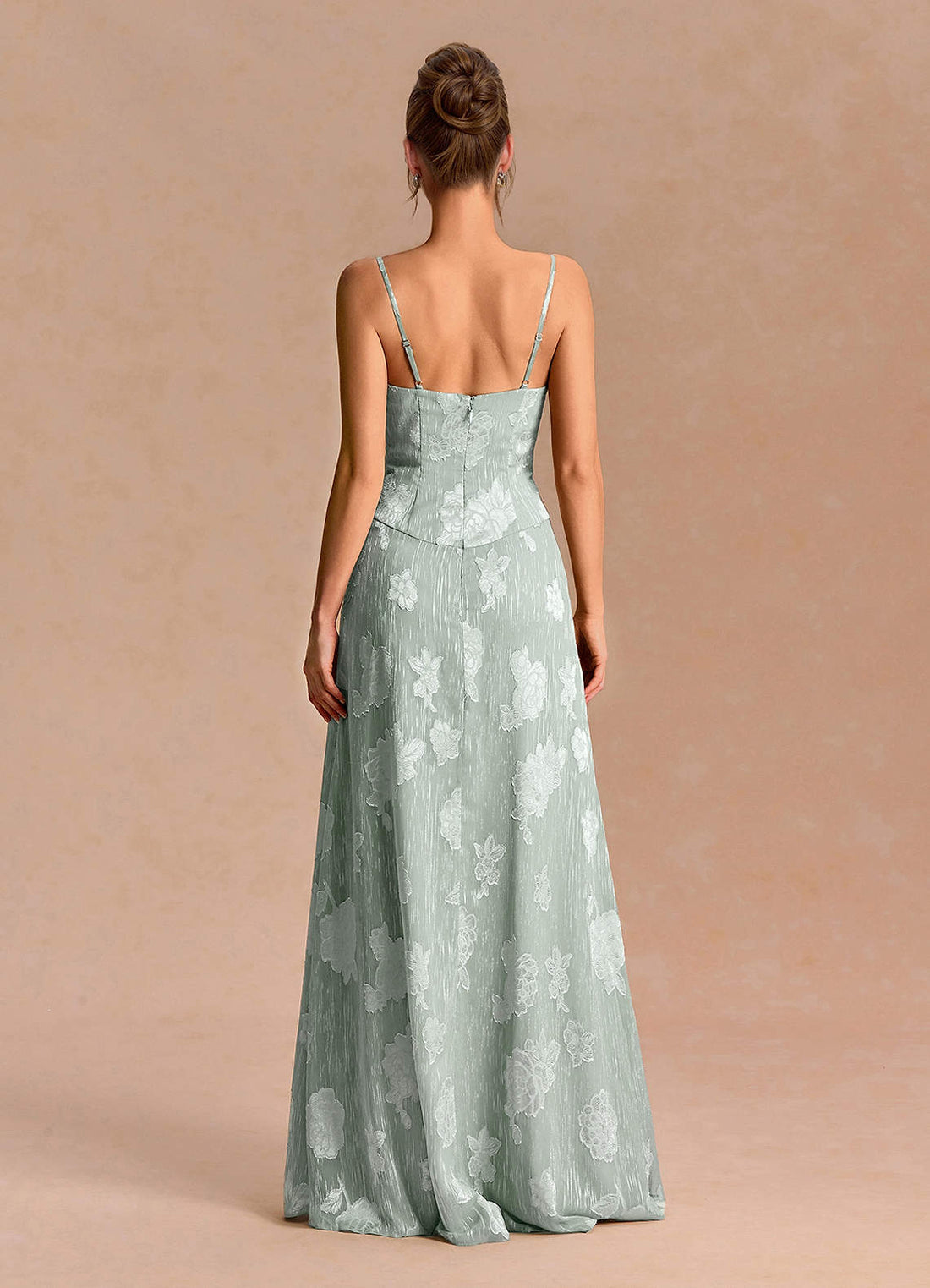 Noelle A-Line Lace-Trim Floral Burnout Evening Dress in Frosted Sage