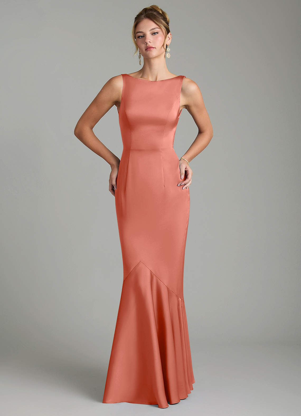 Tamera Mermaid Boat-Neck Stretch Satin and Chiffon Bridesmaid Dress in Salmon Pink