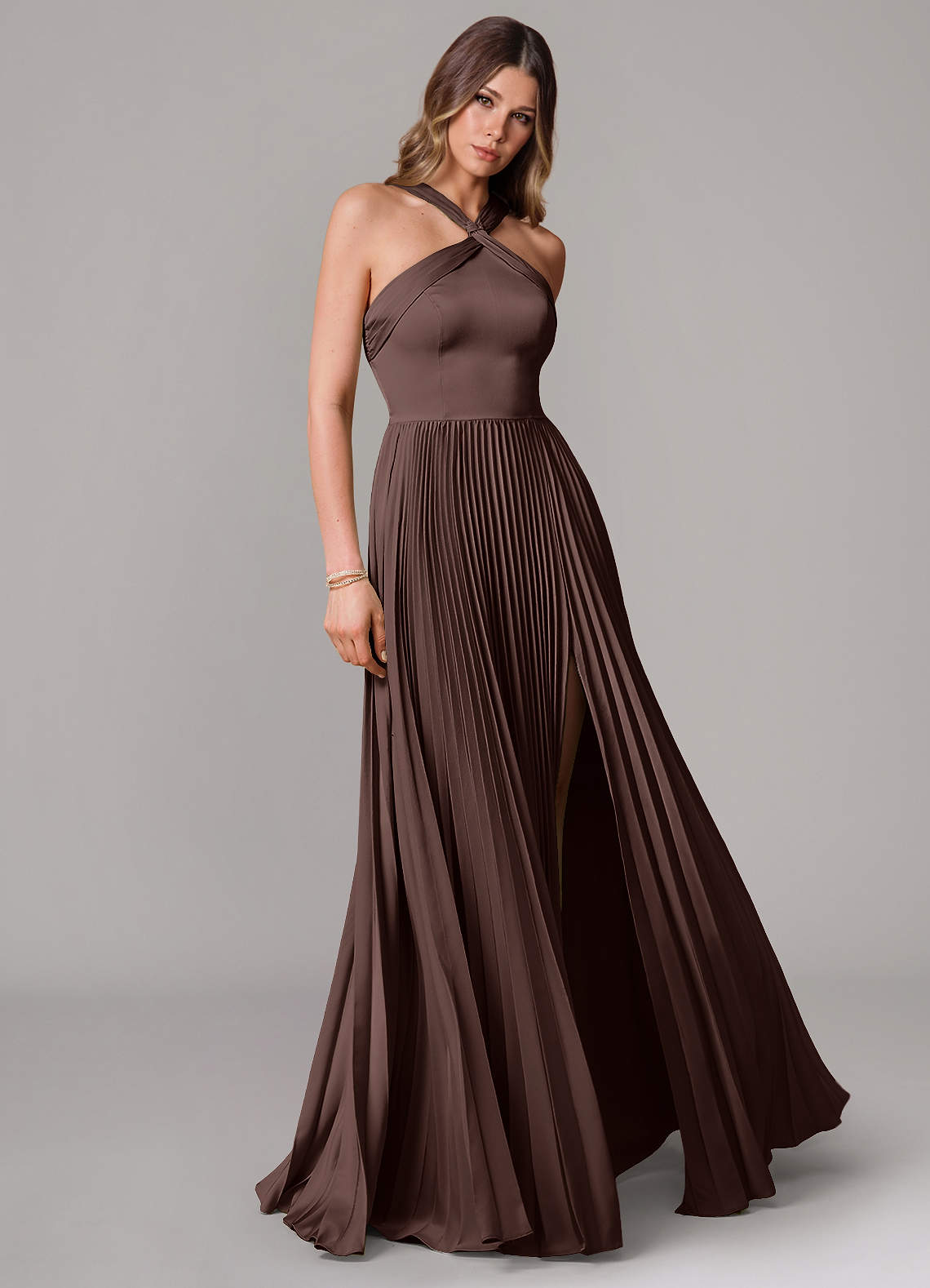 Afra A-Line Halter-Neck Stretch Satin Bridesmaid Dress in Ganache