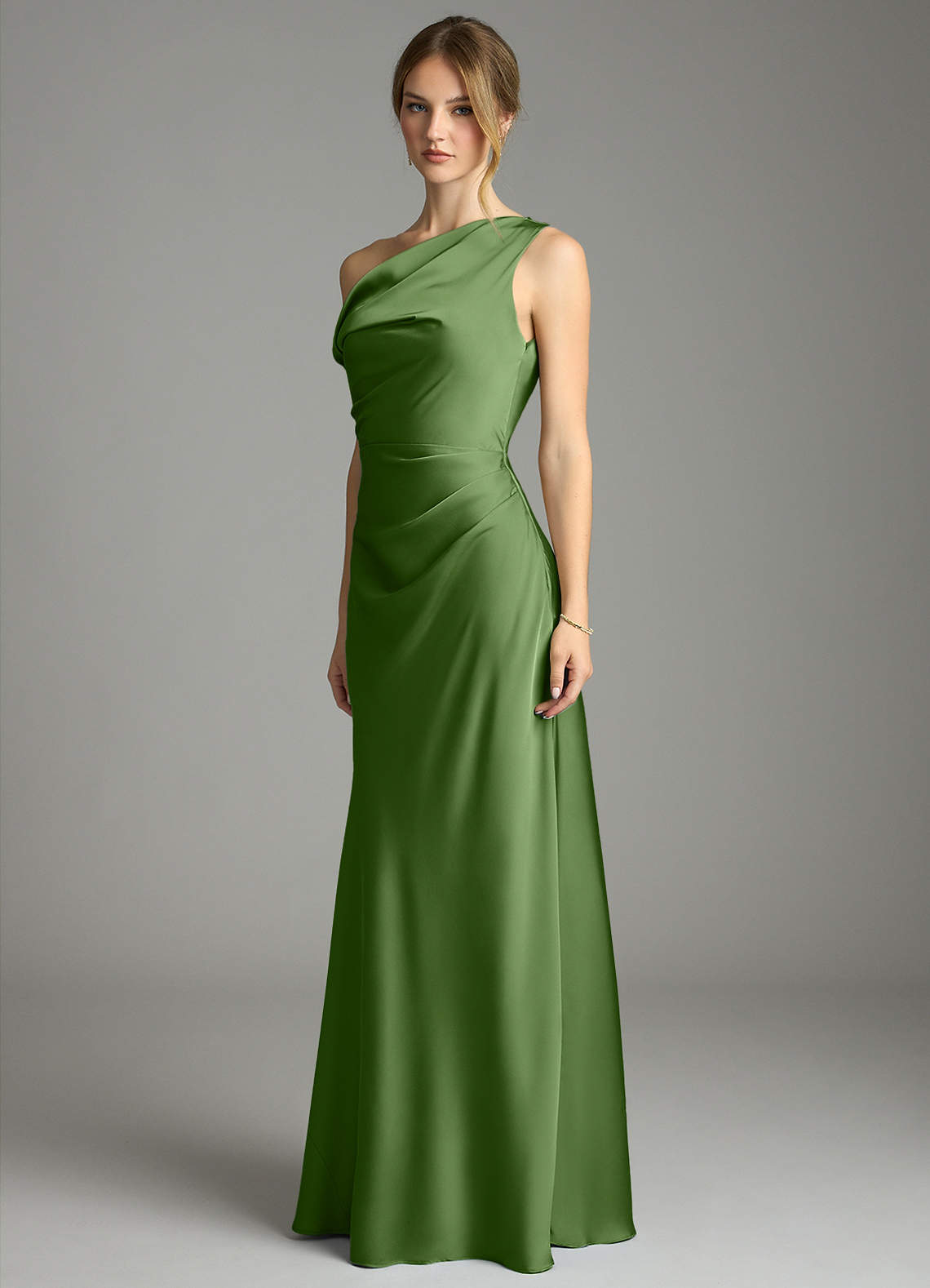 Emerson Mermaid One-Shoulder Stretch Satin Bridesmaid Dress in Basil