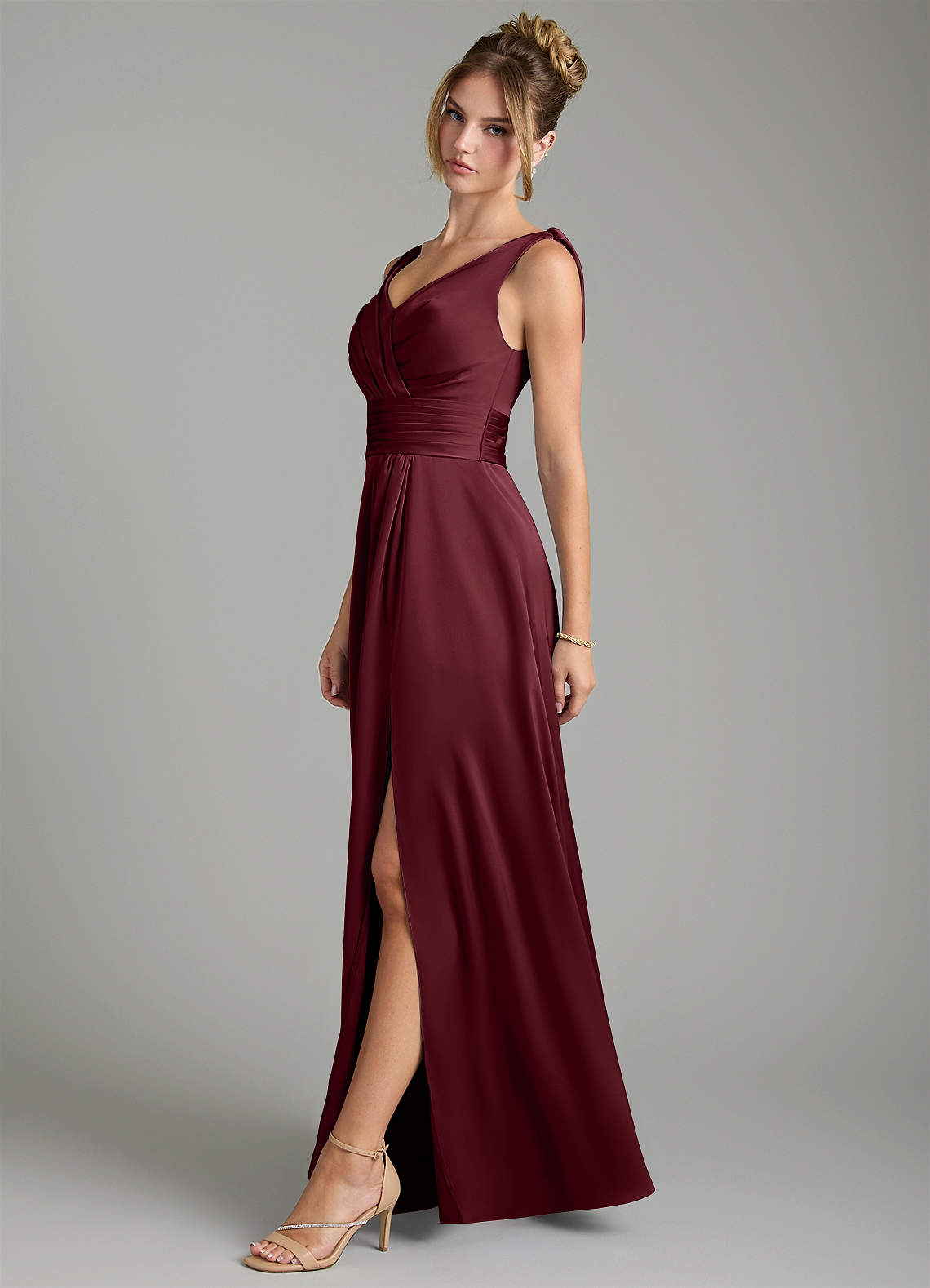 Karina A-Line V-Neck Stretch Satin Bridesmaid Dress in Cabernet