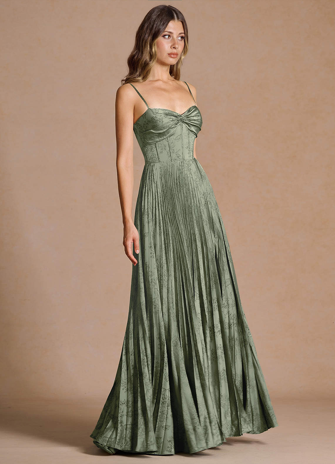 Vesper Pleated Knot-Neck Jacquard Wedding Guest Dress in Sage Blue